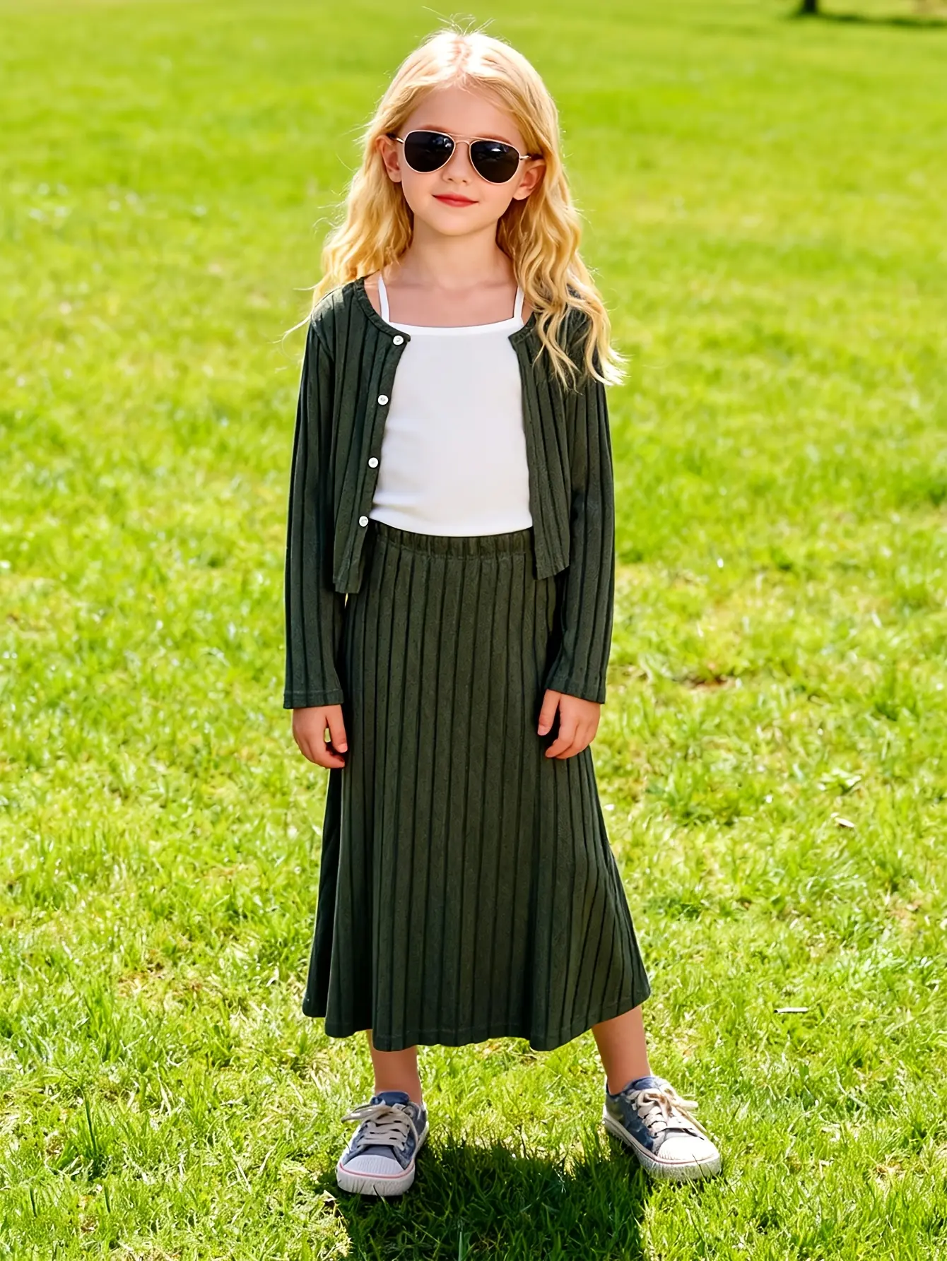 Detail view of Girls Striped Cardigan Cami and Skirt 3-Piece Set by LUNORIANA
