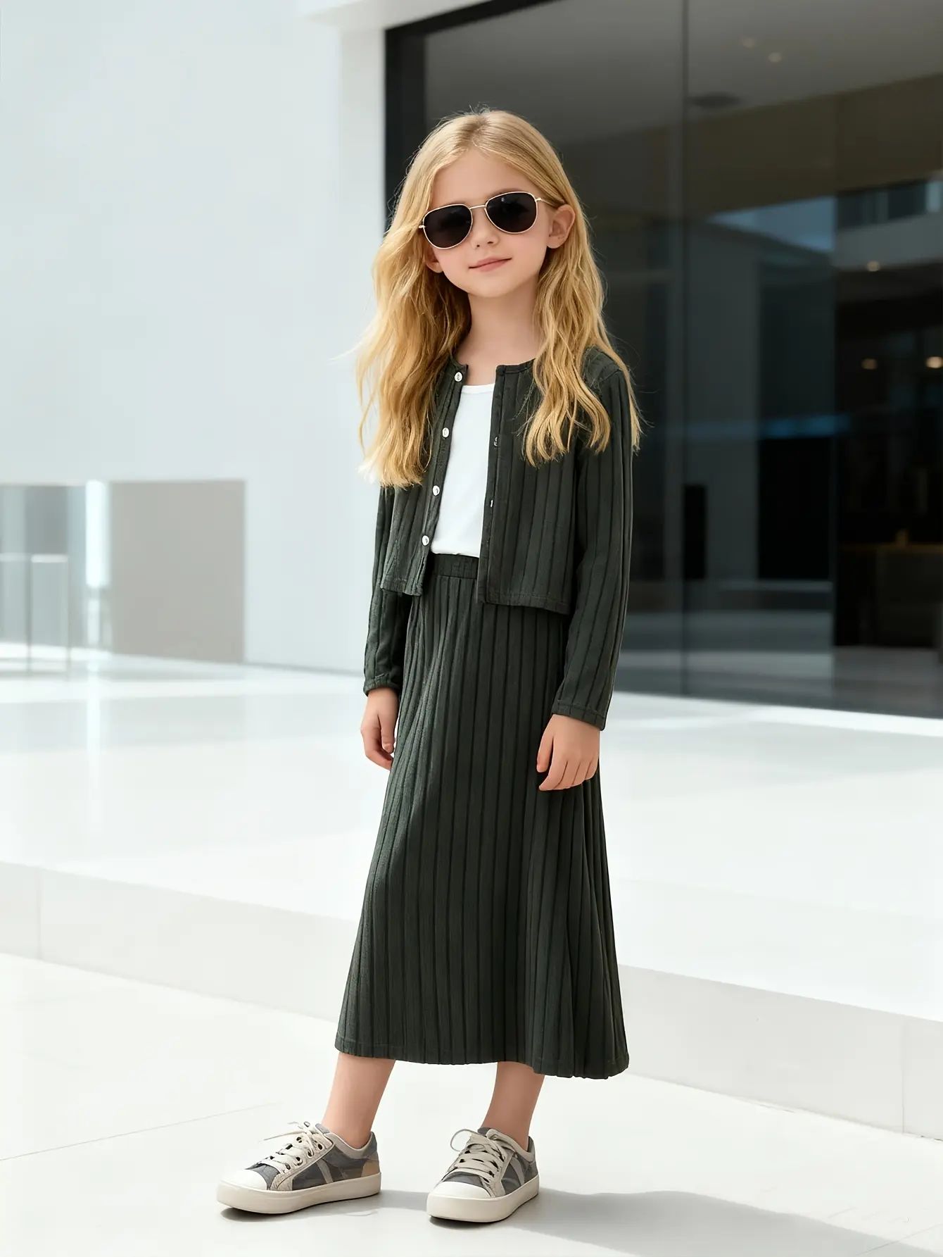 Detail view of Girls Striped Cardigan Cami and Skirt 3-Piece Set by LUNORIANA