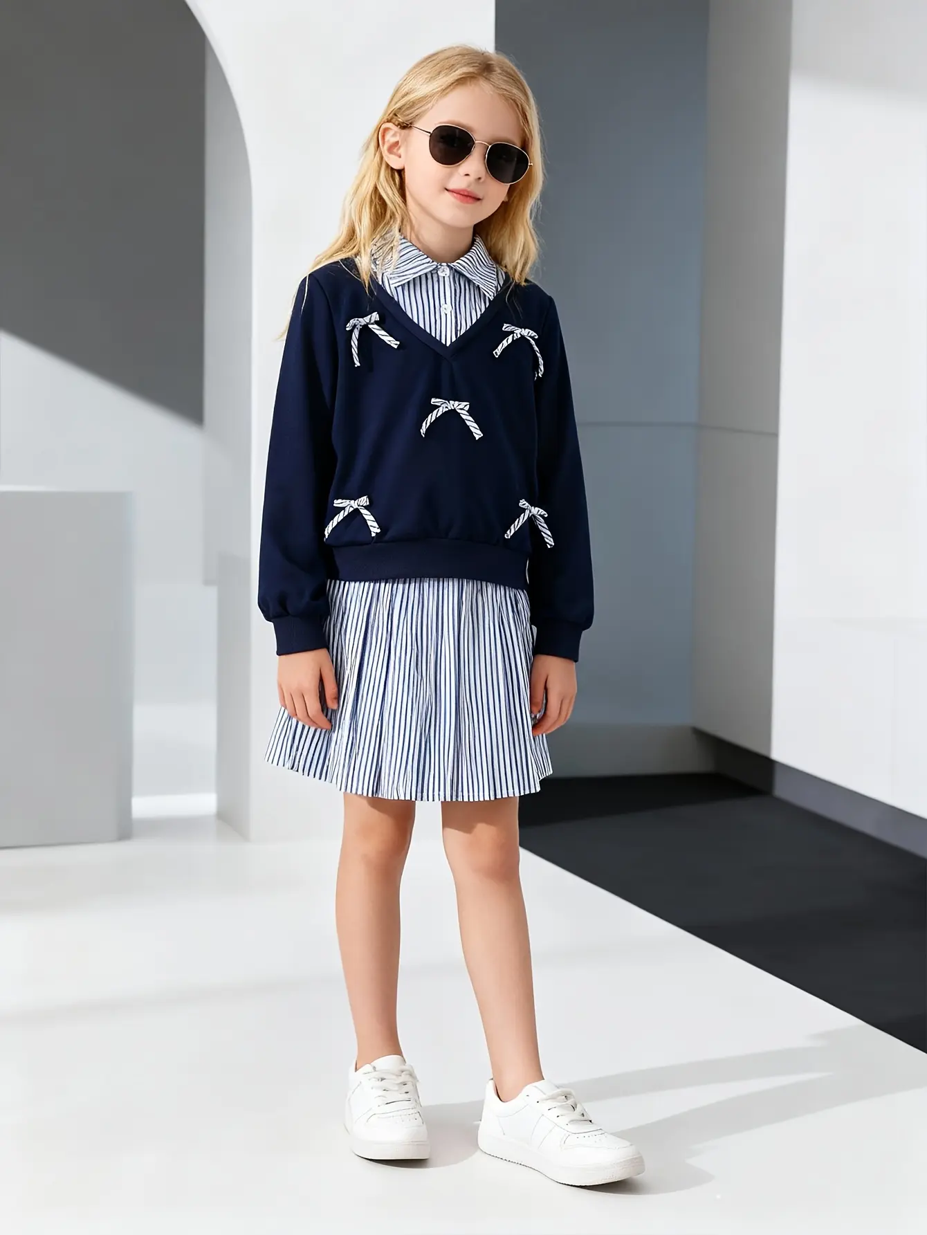 Detail view of Girls Collared Sweatshirt and Striped Pleated Skirt Set by LUNORIANA