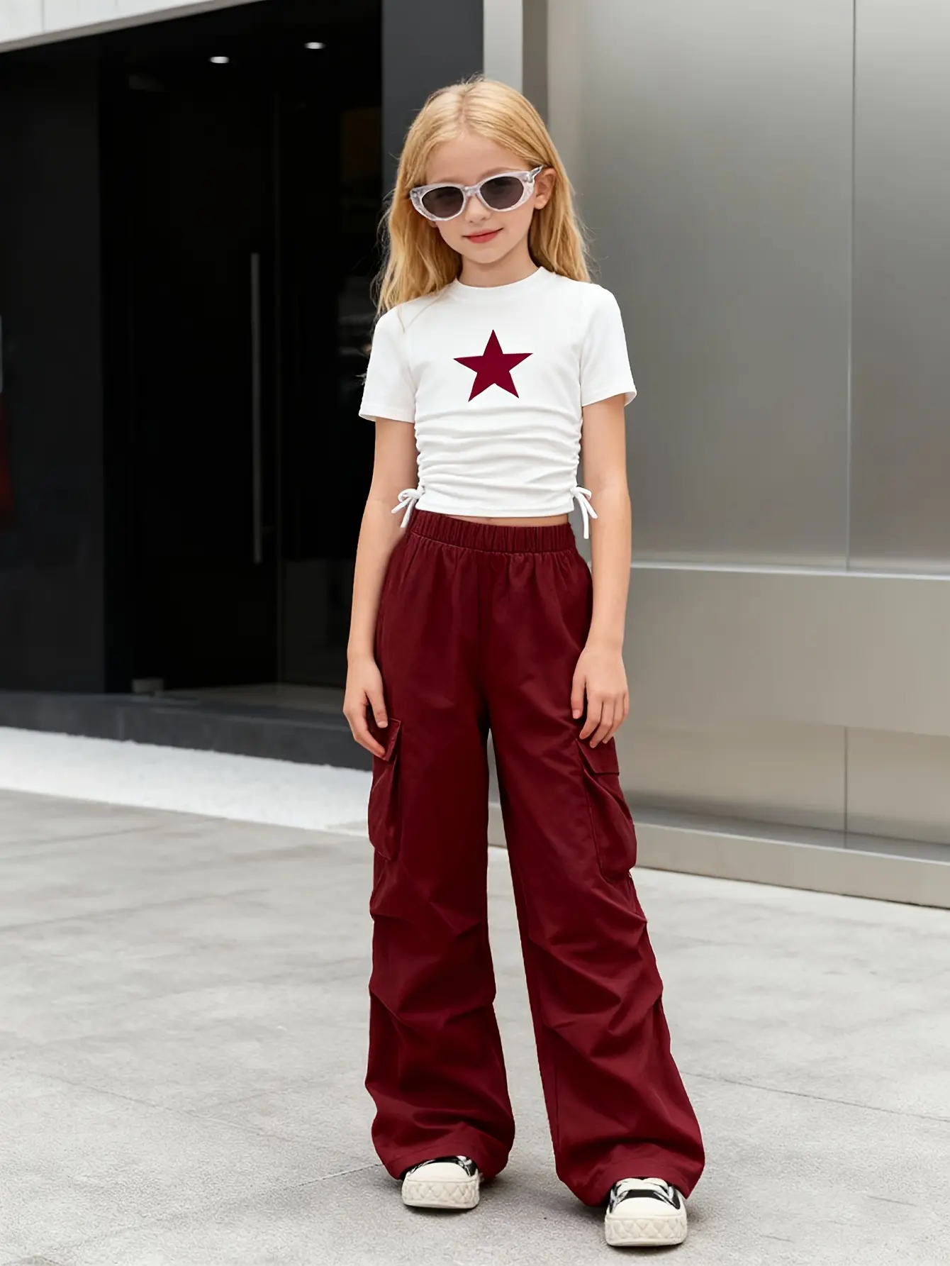 Detail 4 of Girls Pocket Cargo Pants and Crew Neck T-Shirt Set by LUNORIANA