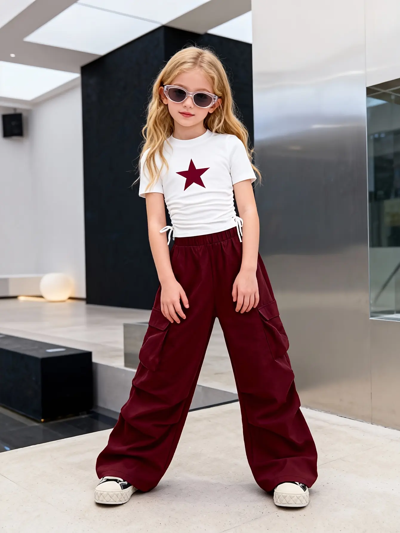 Detail 3 of Girls Pocket Cargo Pants and Crew Neck T-Shirt Set by LUNORIANA