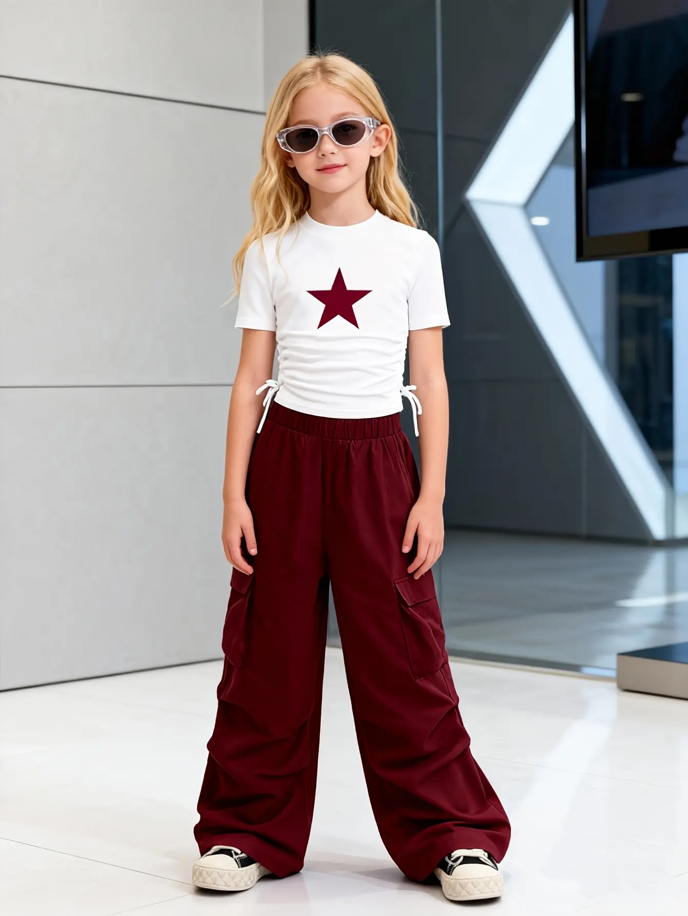 Detail 5 of Girls Pocket Cargo Pants and Crew Neck T-Shirt Set by LUNORIANA