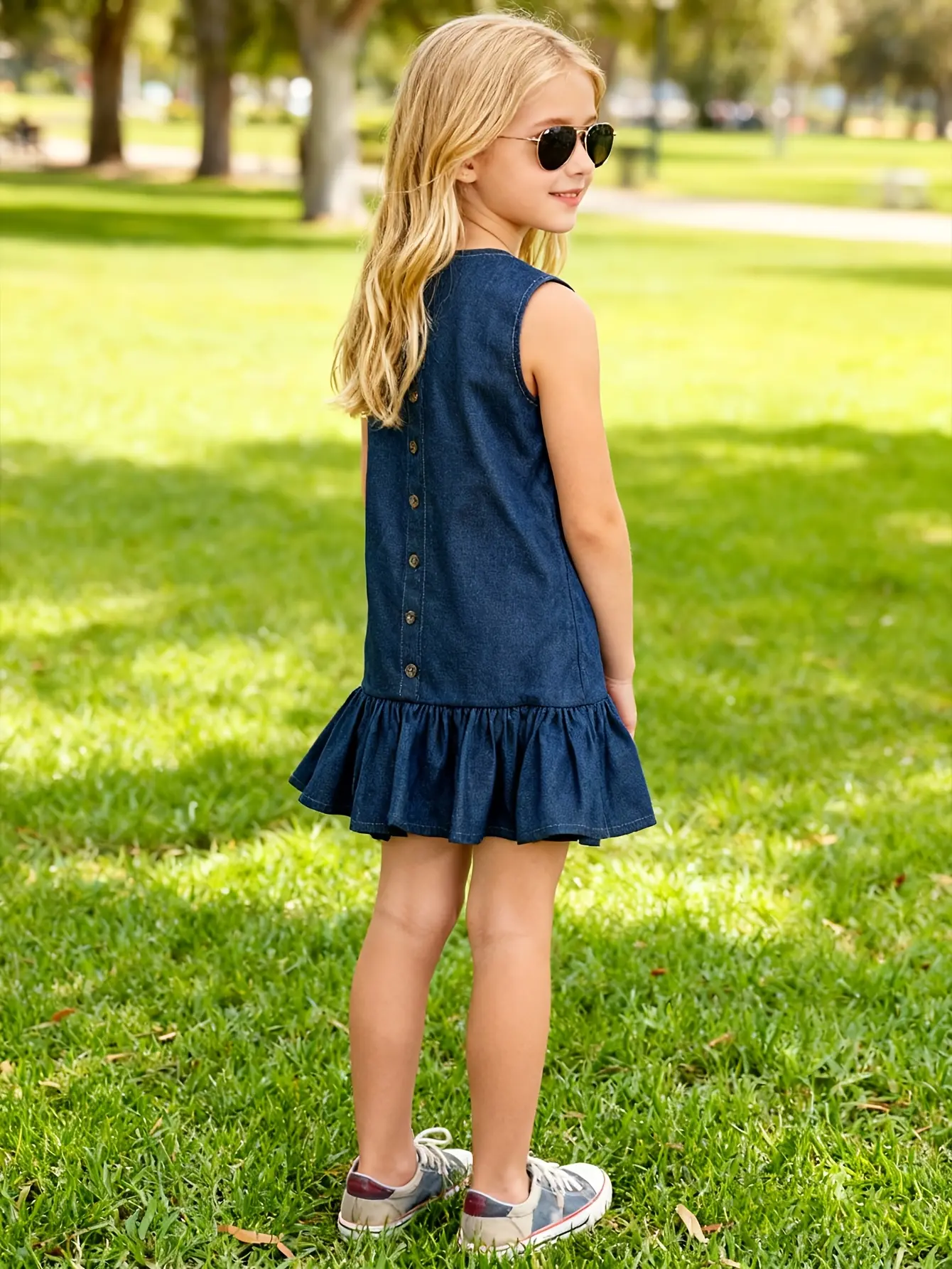 Detail 1 of Girls Sleeveless Denim Button Front Dress by LUNORIANA