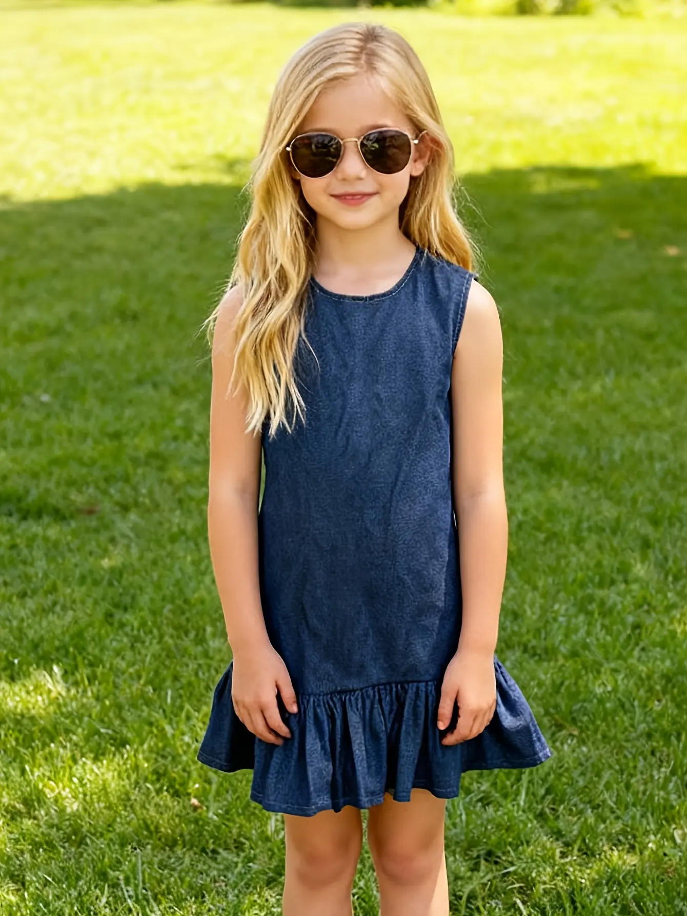 Detail 2 of Girls Sleeveless Denim Button Front Dress by LUNORIANA