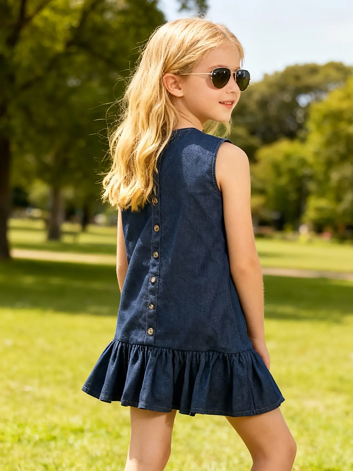 Detail 3 of Girls Sleeveless Denim Button Front Dress by LUNORIANA
