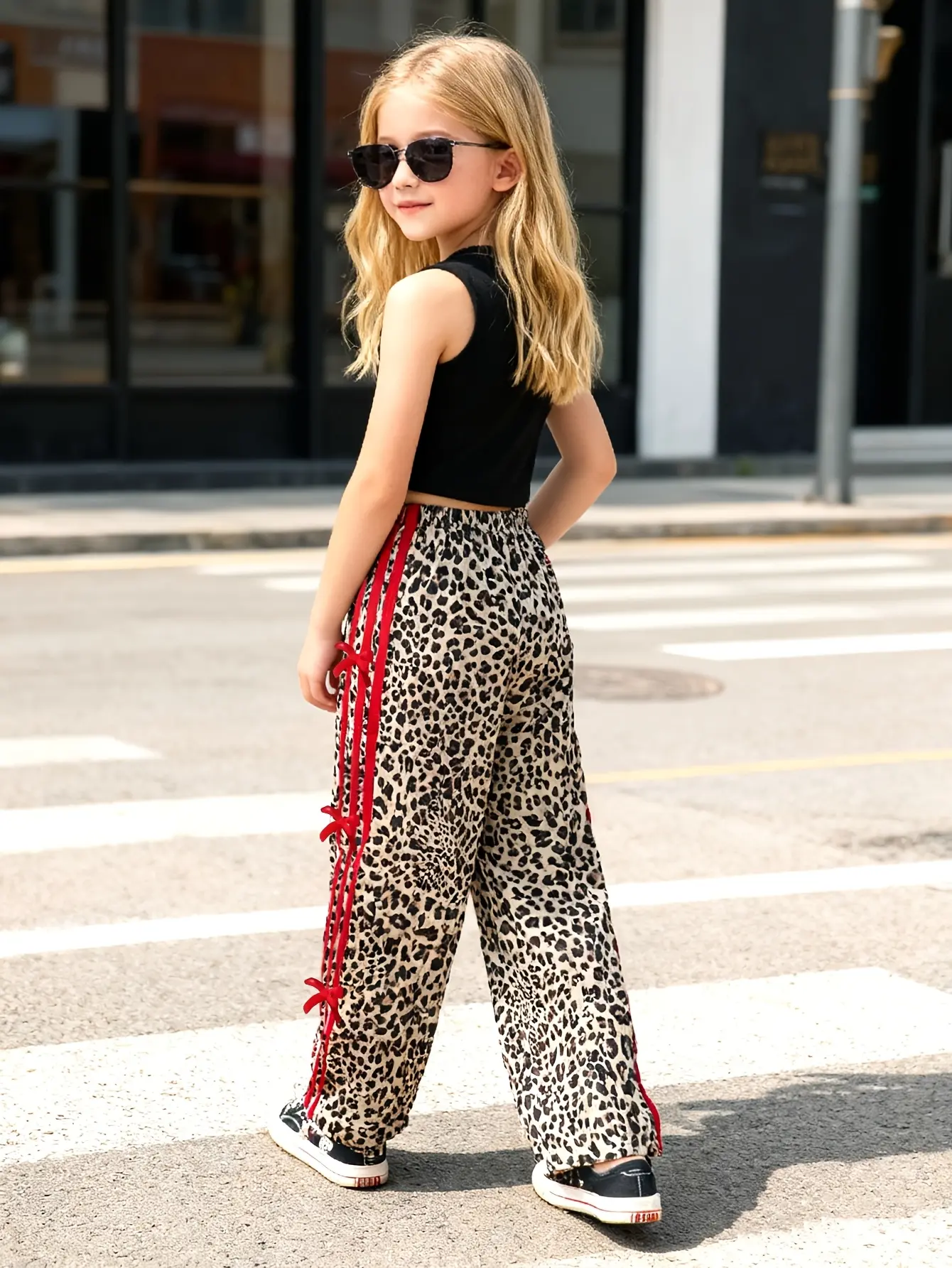 Detail 1 of Girls Leopard Print Wide Leg Pants with Bow Ribbon Detail by LUNORIANA