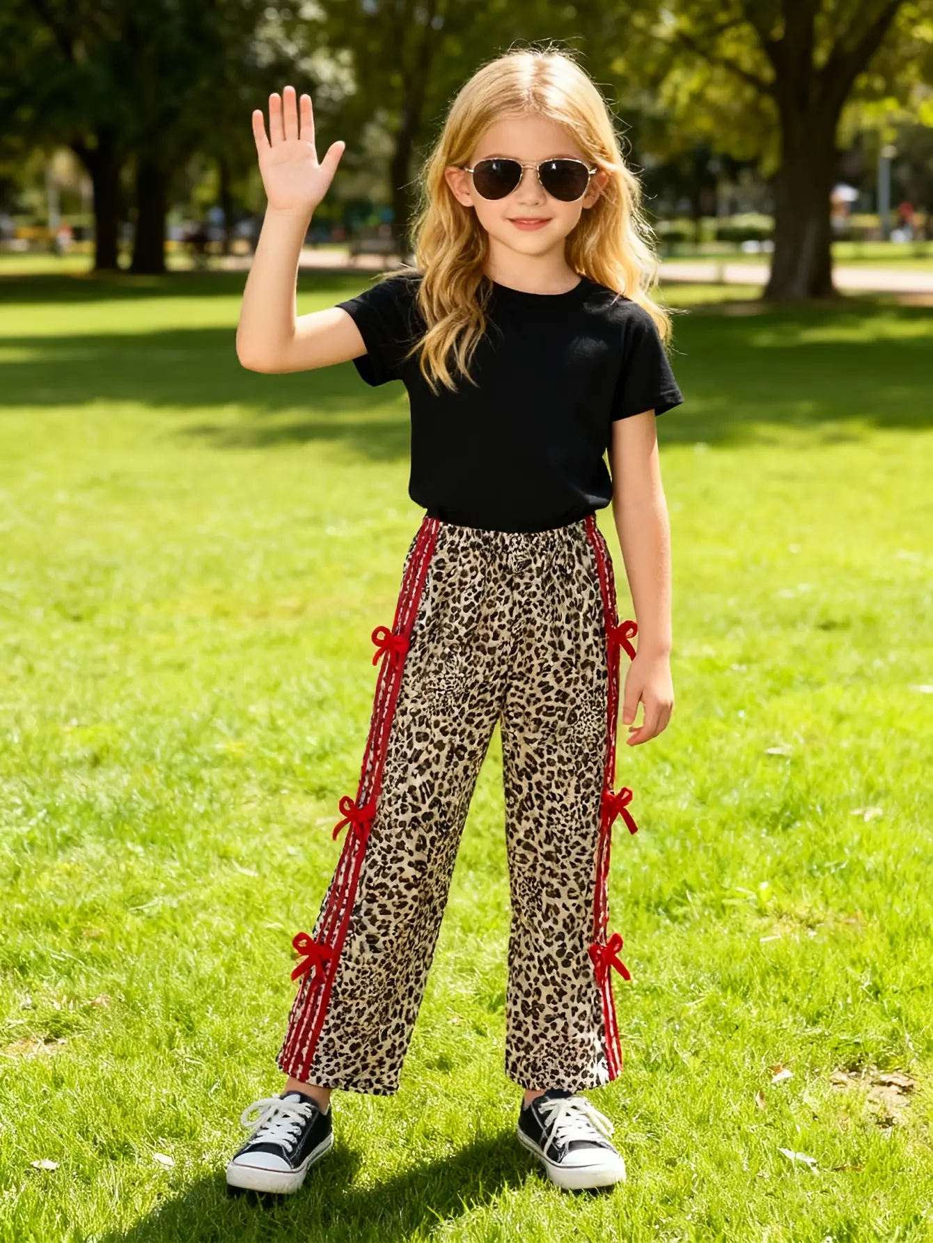 Detail 5 of Girls Leopard Print Wide Leg Pants with Bow Ribbon Detail by LUNORIANA