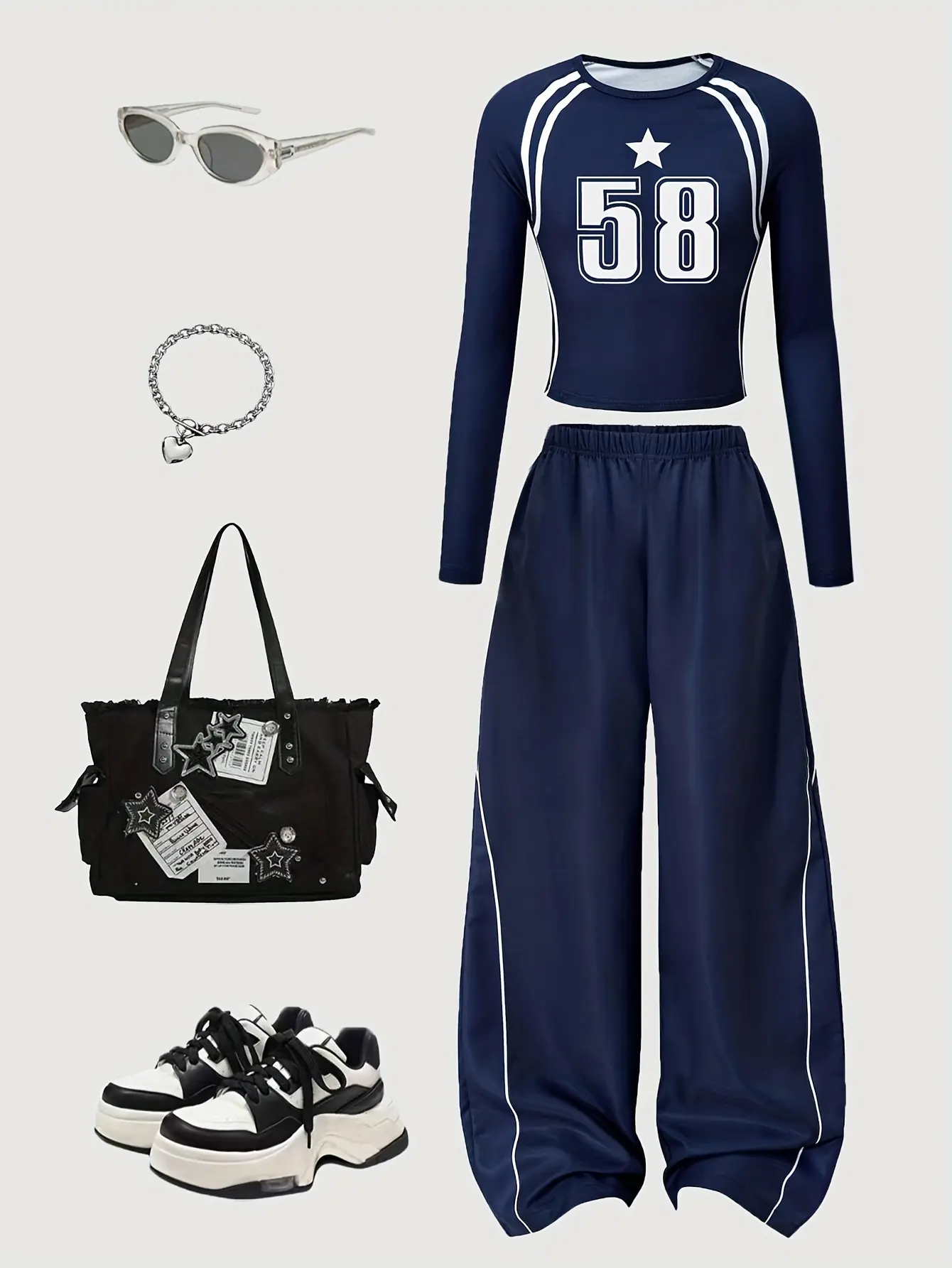 Detail 5 of Girls Long Sleeve T-Shirt and Wide Leg Pants Set with White Line Trim by LUNORIANA