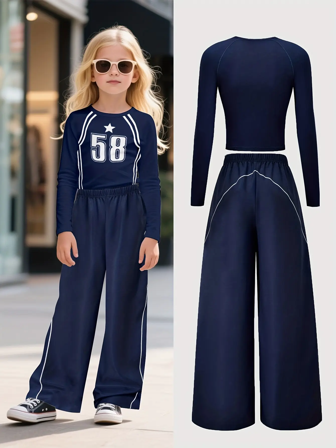 Detail 1 of Girls Long Sleeve T-Shirt and Wide Leg Pants Set with White Line Trim by LUNORIANA