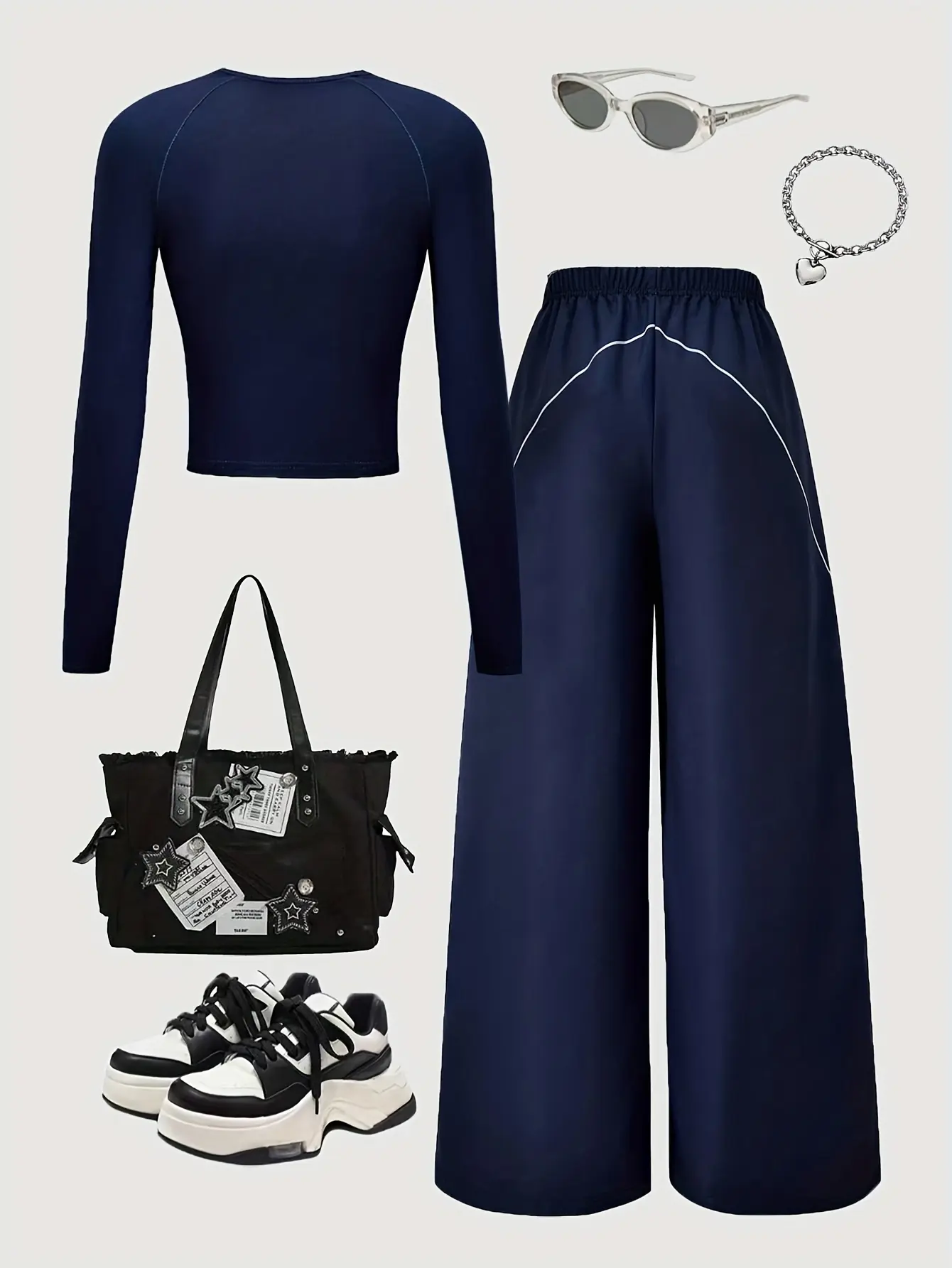 Detail 3 of Girls Long Sleeve T-Shirt and Wide Leg Pants Set with White Line Trim by LUNORIANA