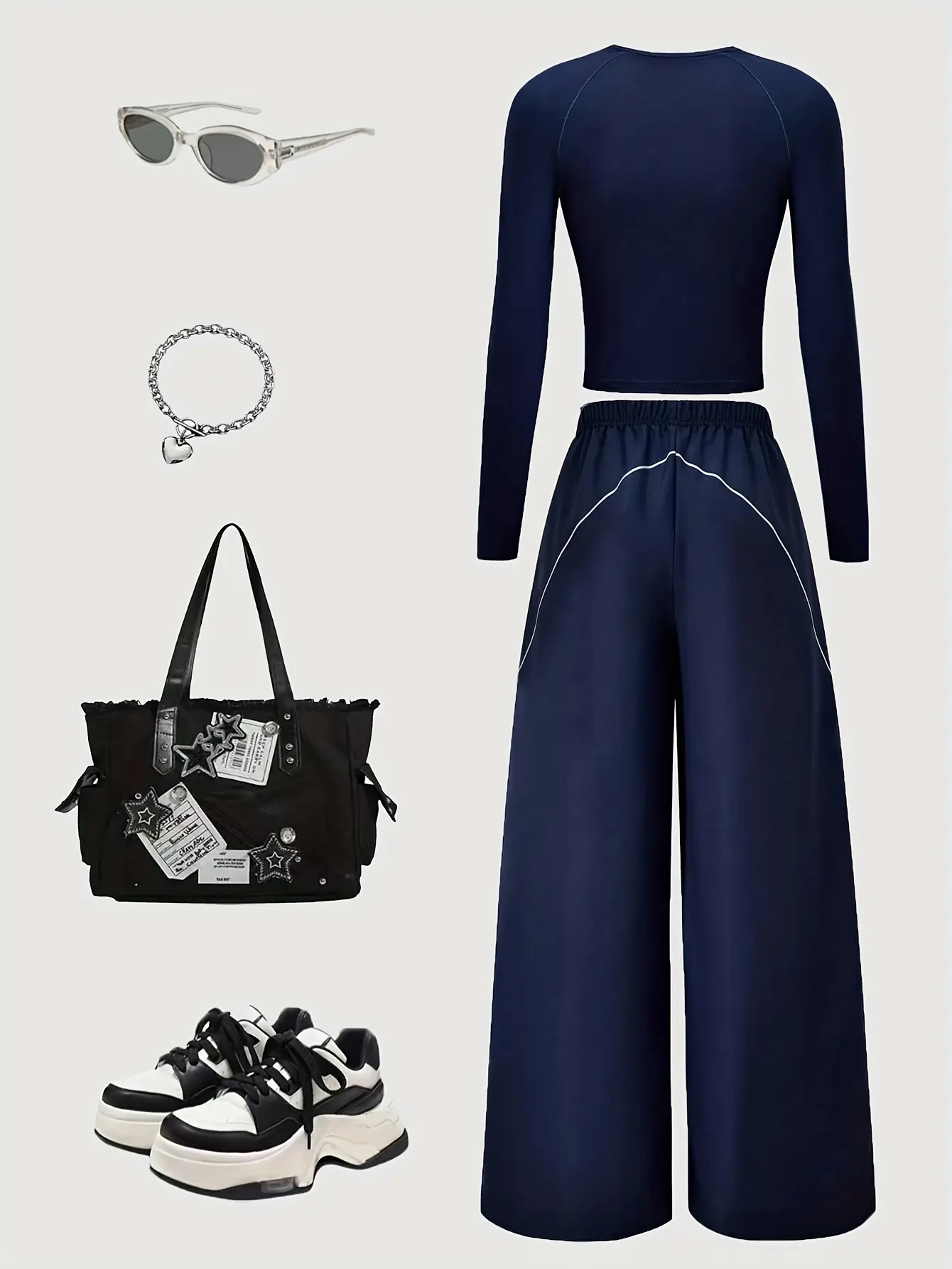 Detail 6 of Girls Long Sleeve T-Shirt and Wide Leg Pants Set with White Line Trim by LUNORIANA