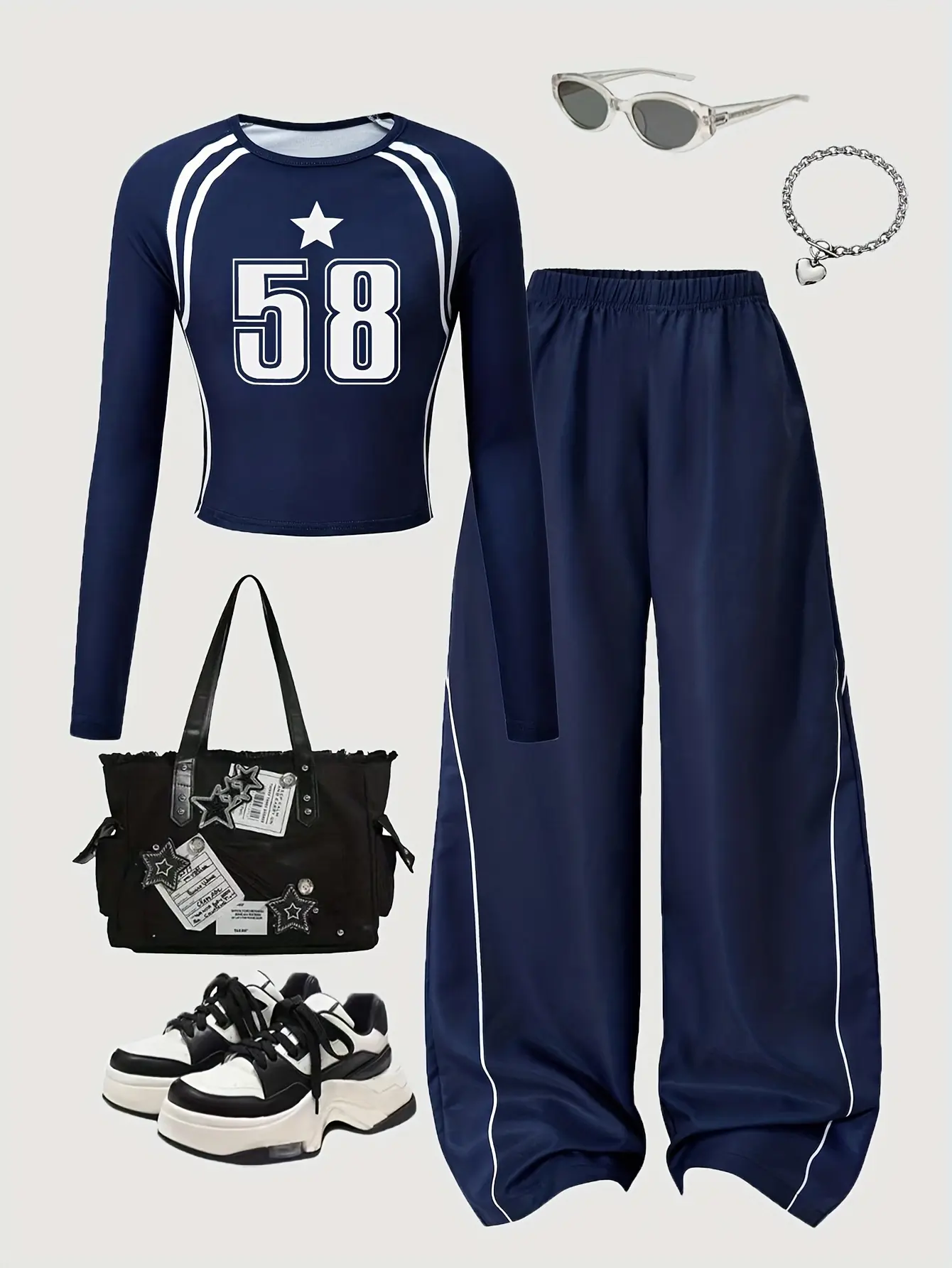 Detail 2 of Girls Long Sleeve T-Shirt and Wide Leg Pants Set with White Line Trim by LUNORIANA