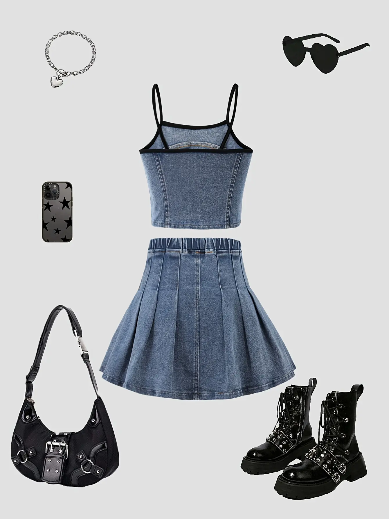 Detail view of Girls Denim Cami Top and Pleated Skirt Set by LUNORIANA