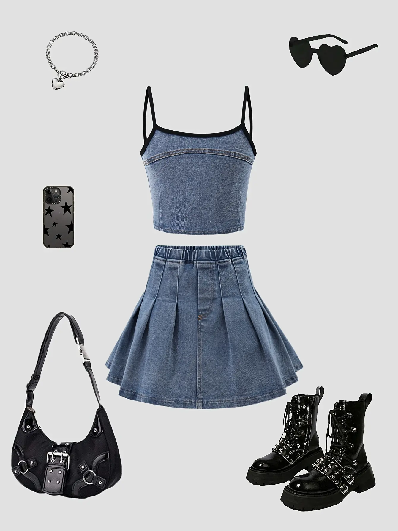 Detail view of Girls Denim Cami Top and Pleated Skirt Set by LUNORIANA