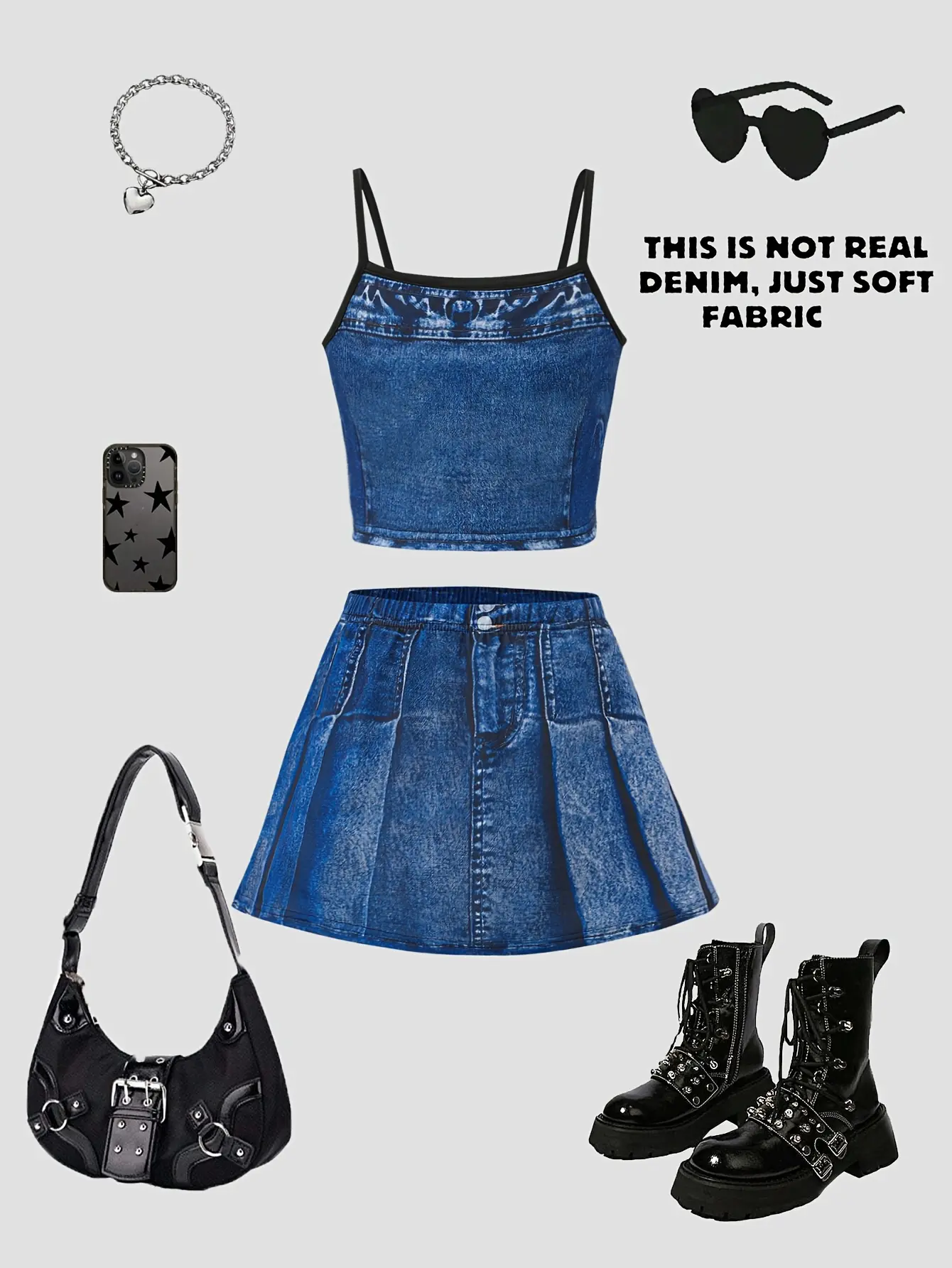 Detail 2 of Girls Denim Print Cami Top and Mini Skirt Set by LUNORIANA