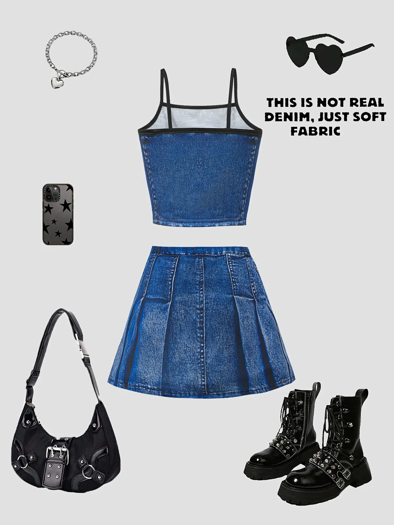 Detail 1 of Girls Denim Print Cami Top and Mini Skirt Set by LUNORIANA