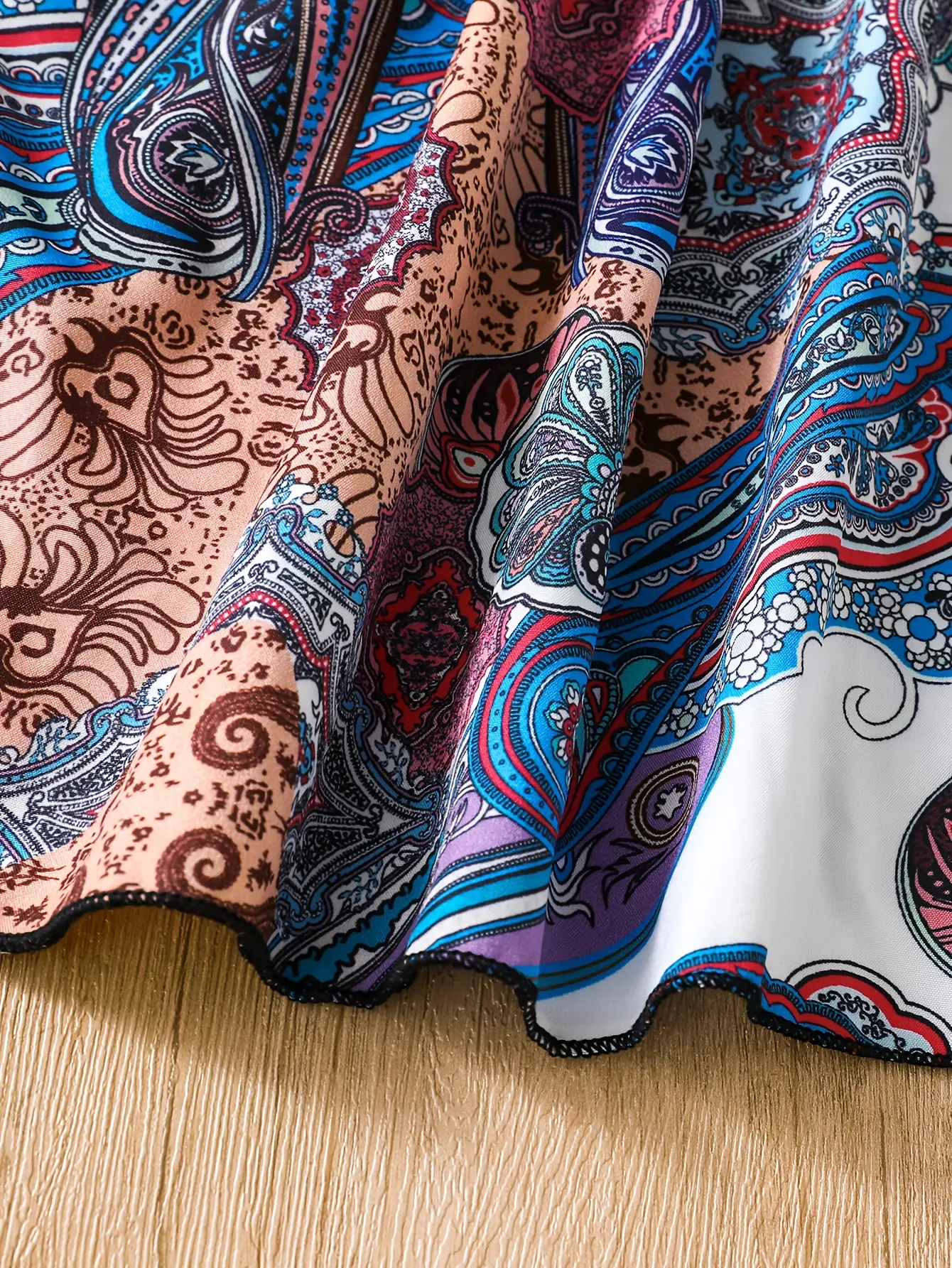 Detail 4 of Girls Puff Sleeve Patchwork Print Dress by LUNORIANA