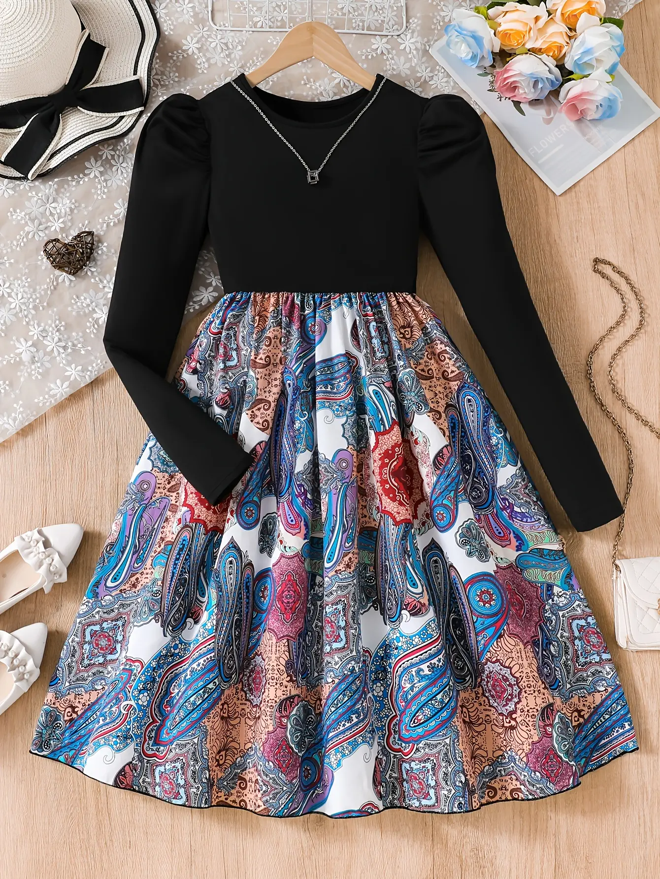 Detail 2 of Girls Puff Sleeve Patchwork Print Dress by LUNORIANA