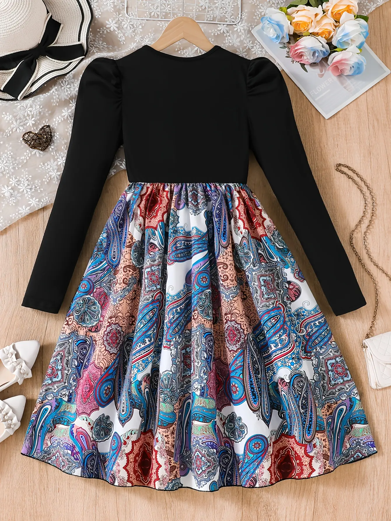 Detail 1 of Girls Puff Sleeve Patchwork Print Dress by LUNORIANA