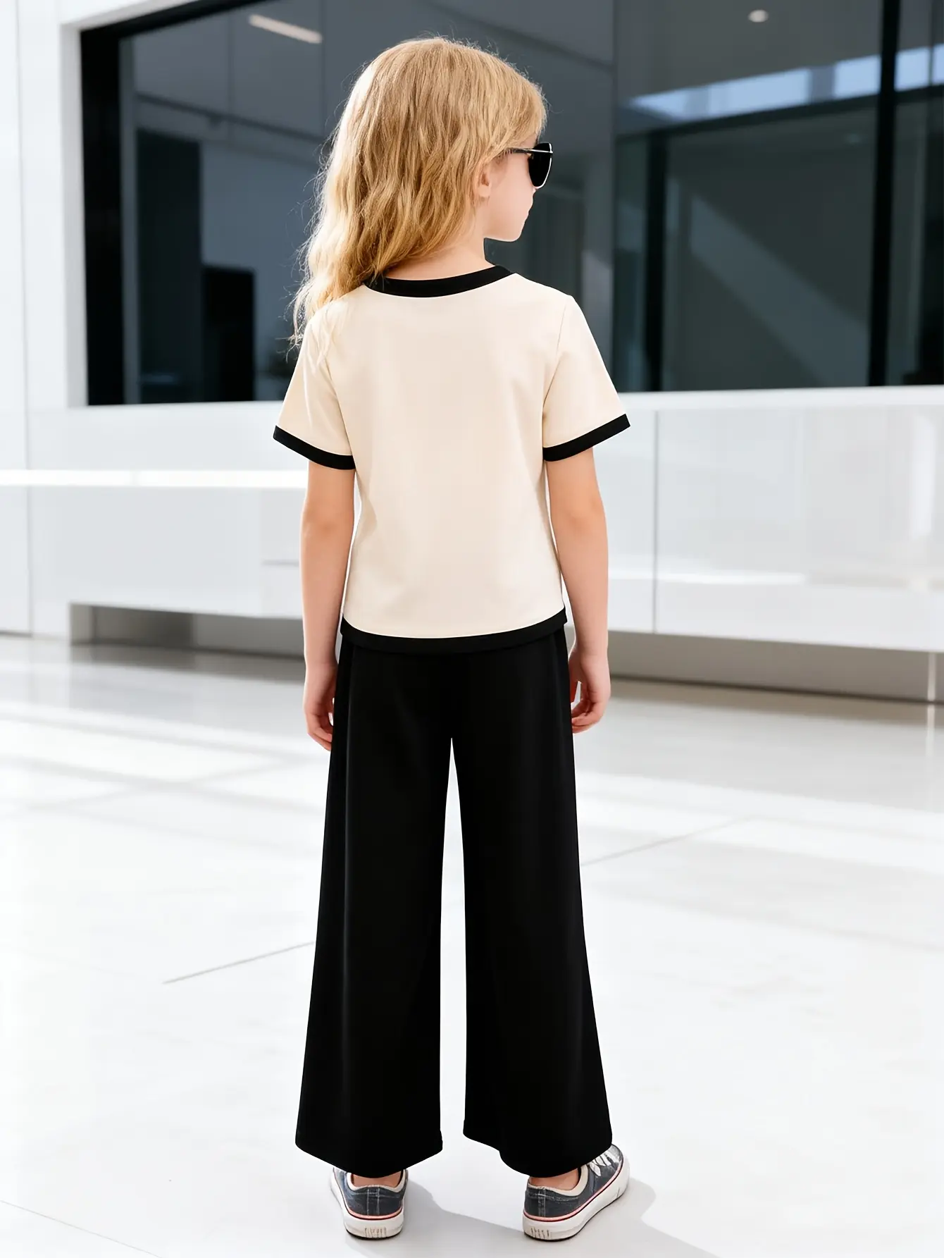 Detail view of Girls Gold Button Cardigan and Wide Leg Pants Set by LUNORIANA