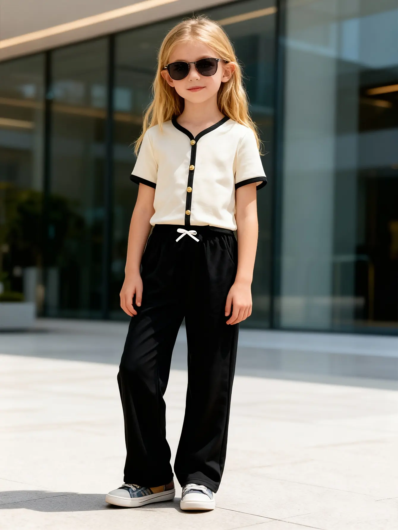 Detail view of Girls Gold Button Cardigan and Wide Leg Pants Set by LUNORIANA