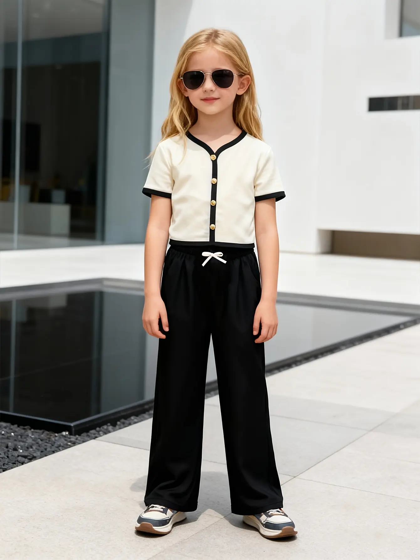 Detail view of Girls Gold Button Cardigan and Wide Leg Pants Set by LUNORIANA