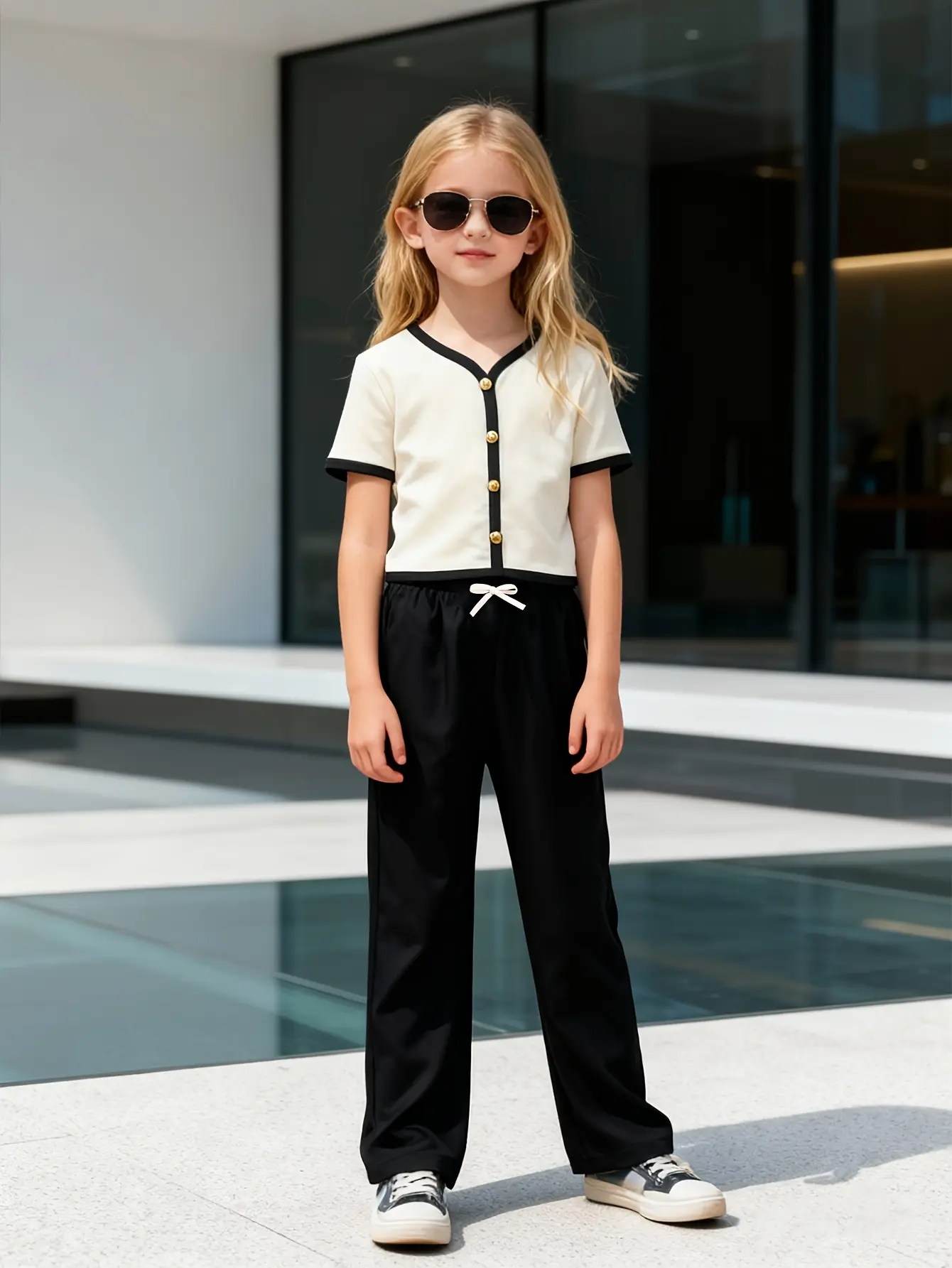 Detail view of Girls Gold Button Cardigan and Wide Leg Pants Set by LUNORIANA