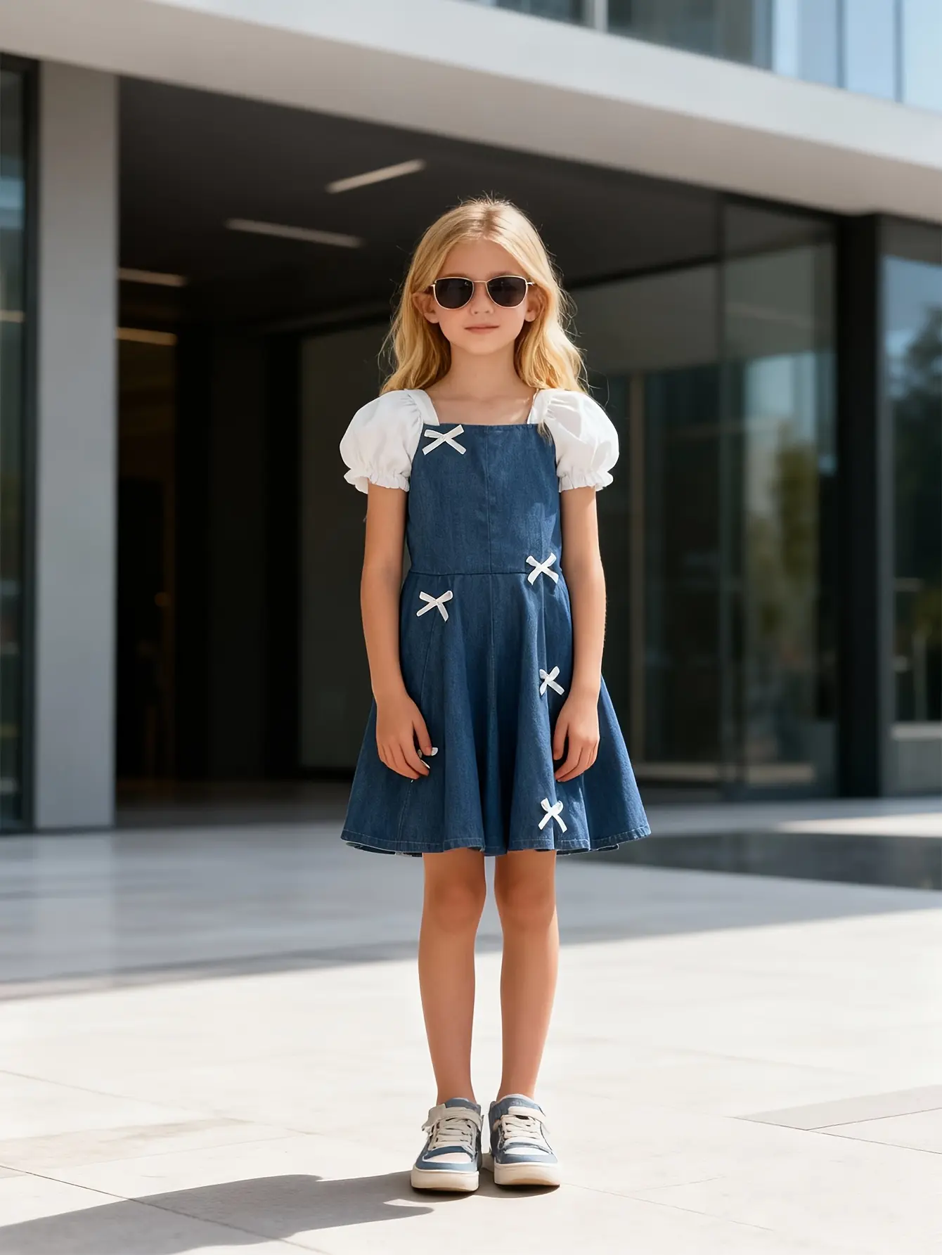 Detail view of Girls Bow Puff Sleeve Denim Patchwork Dress by LUNORIANA