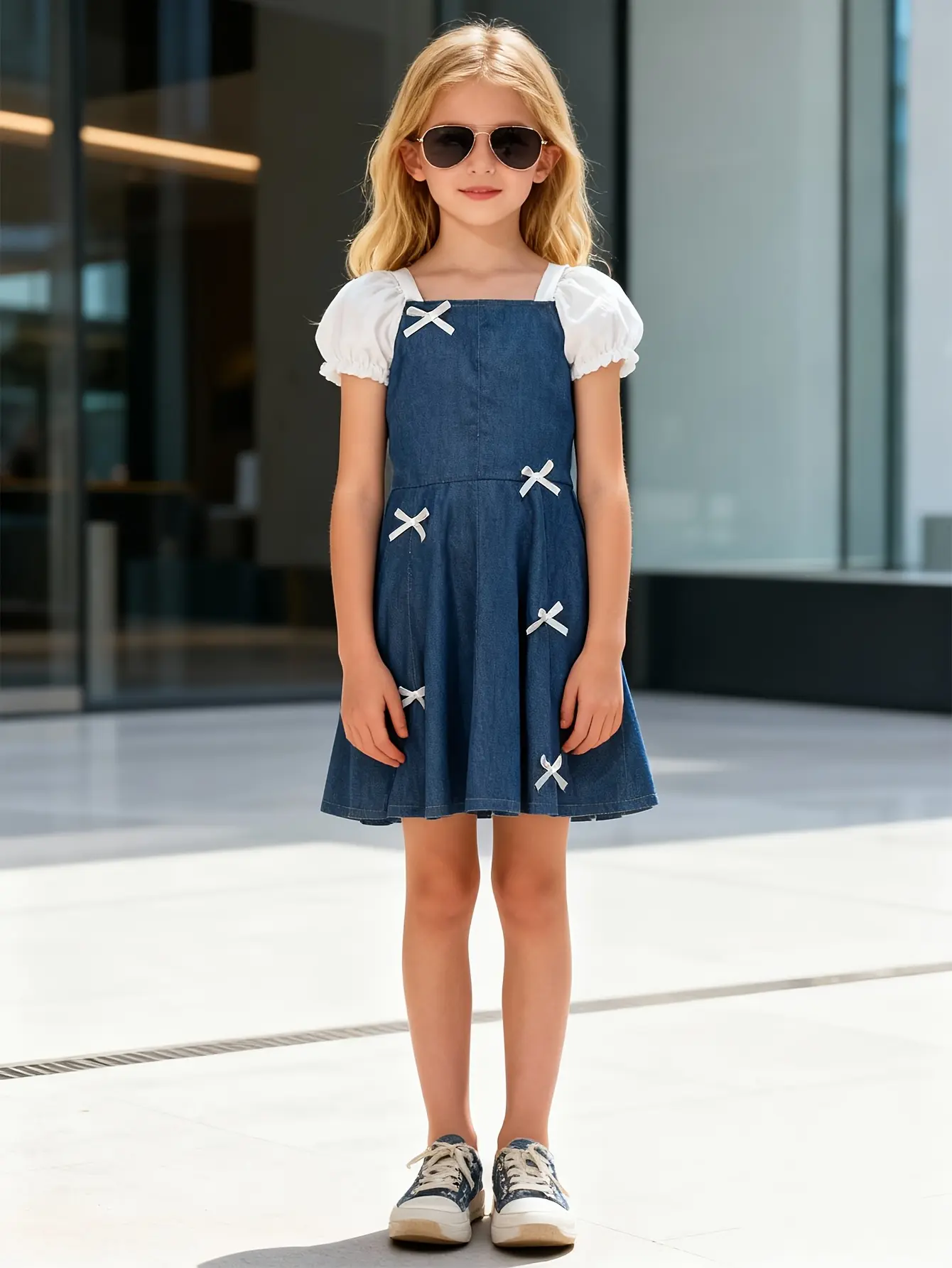 Detail view of Girls Bow Puff Sleeve Denim Patchwork Dress by LUNORIANA