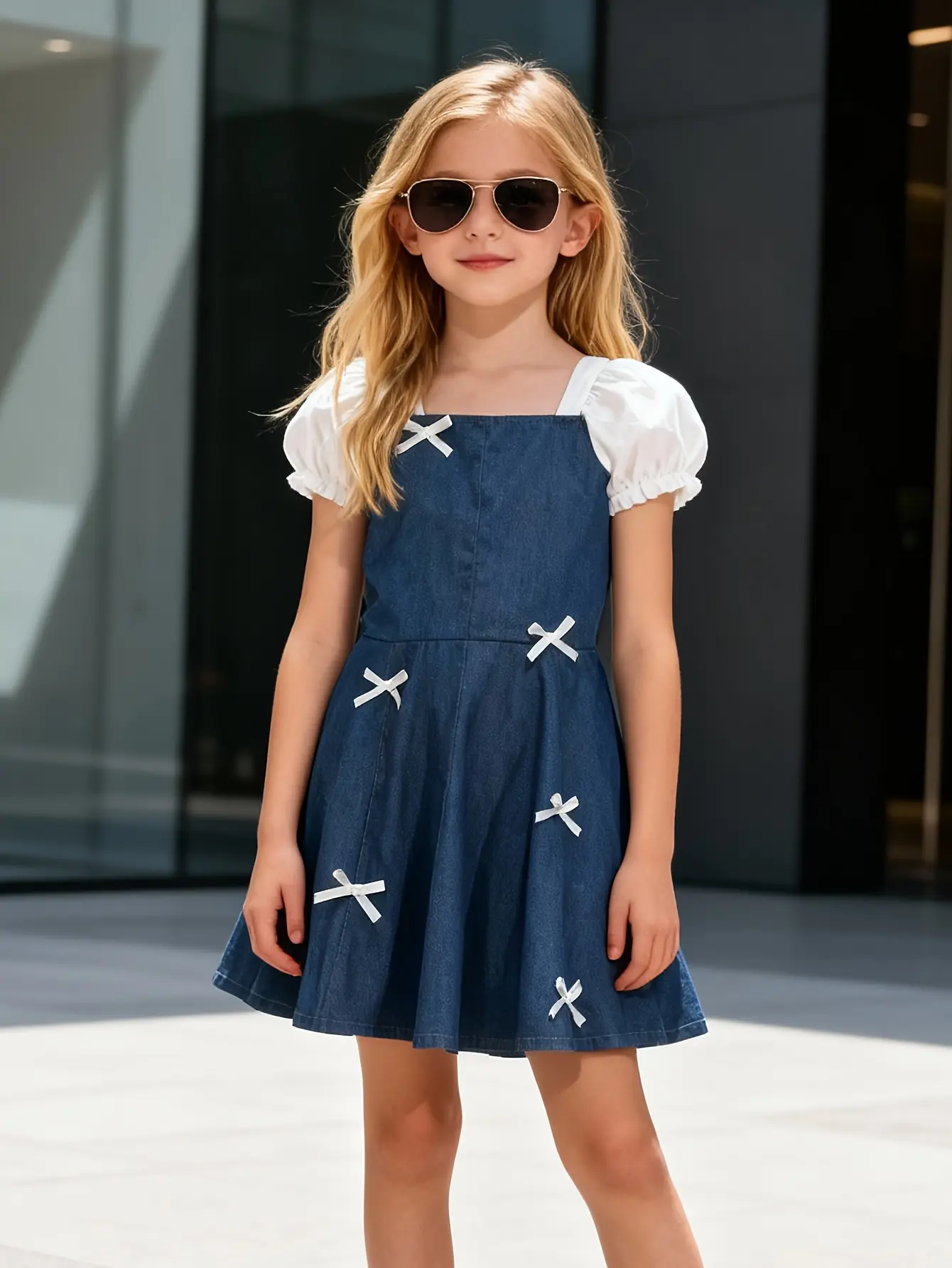 Detail view of Girls Bow Puff Sleeve Denim Patchwork Dress by LUNORIANA