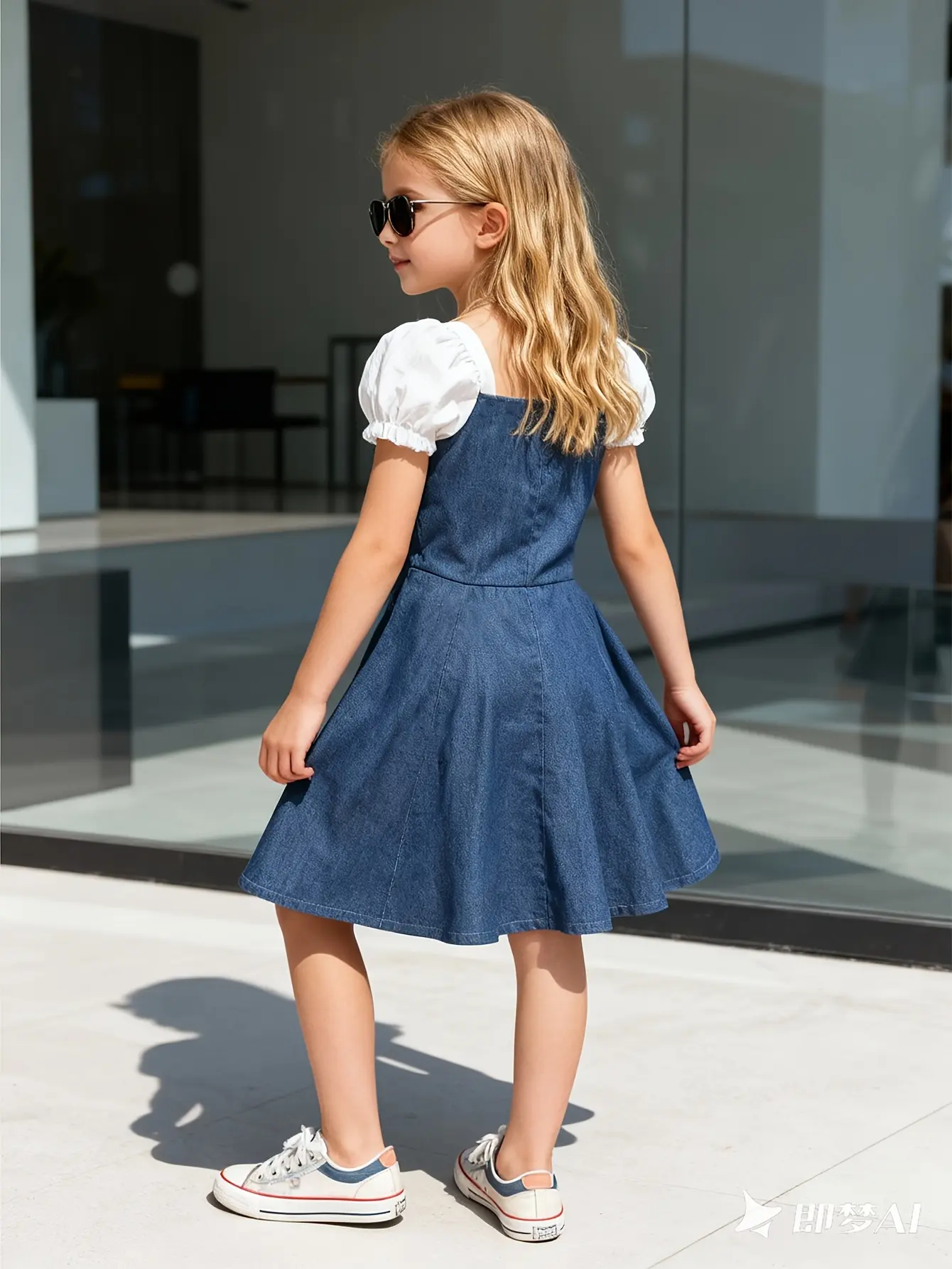 Detail view of Girls Bow Puff Sleeve Denim Patchwork Dress by LUNORIANA