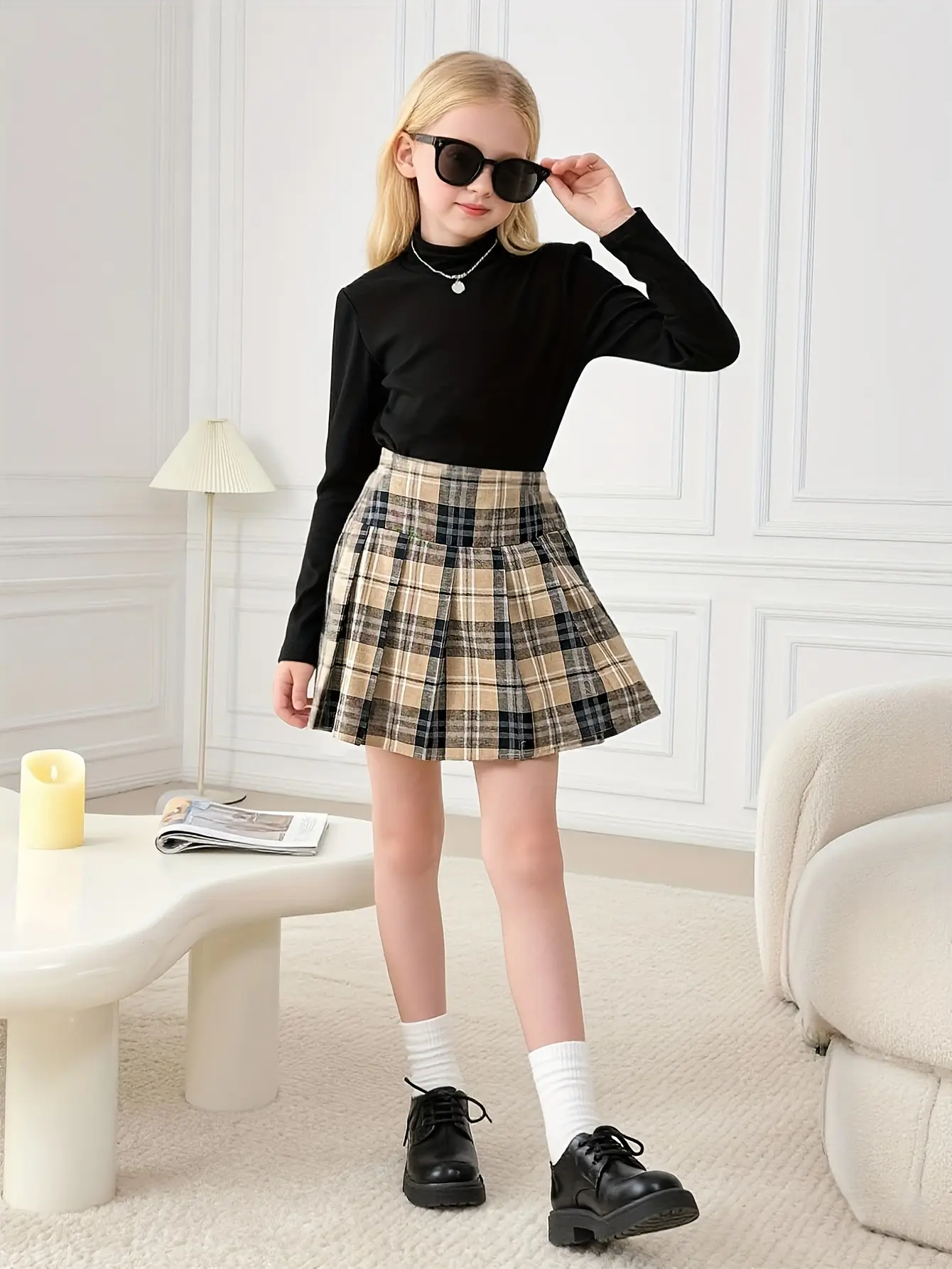 Detail view of Girls Fitted Turtleneck Top and Plaid Pleated Skirt Set by LUNORIANA