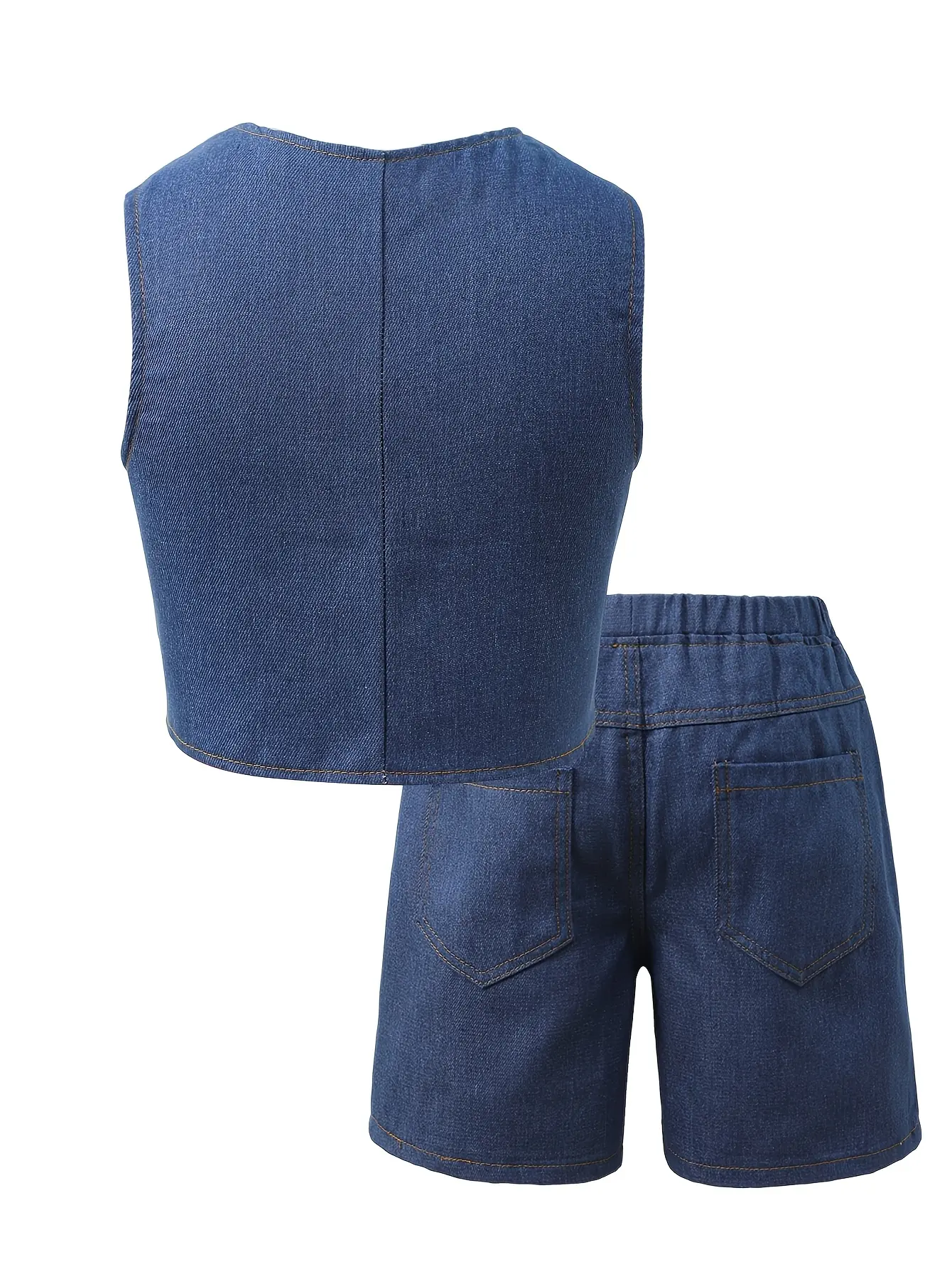 Detail view of Girls Denim Vest and Pocket Shorts Set by LUNORIANA
