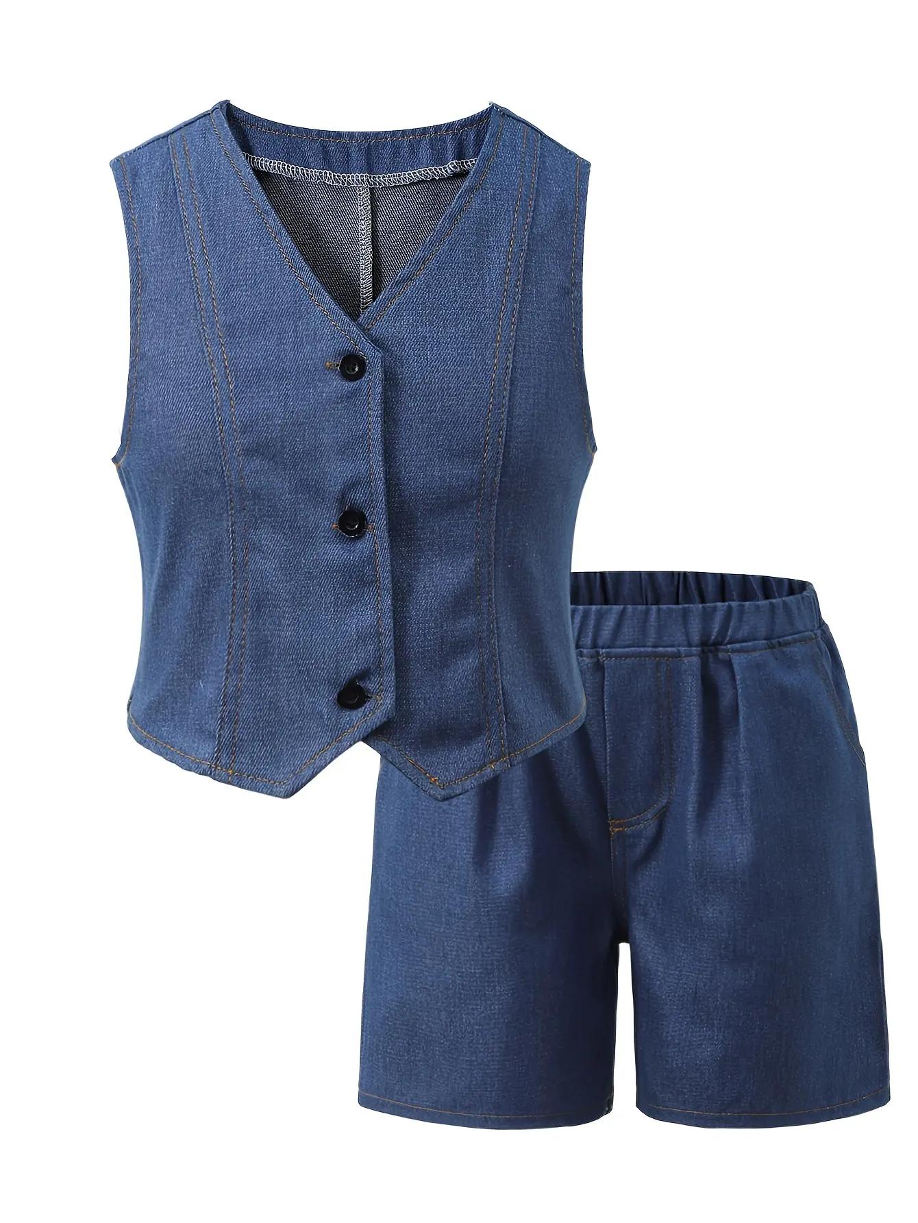 Detail view of Girls Denim Vest and Pocket Shorts Set by LUNORIANA