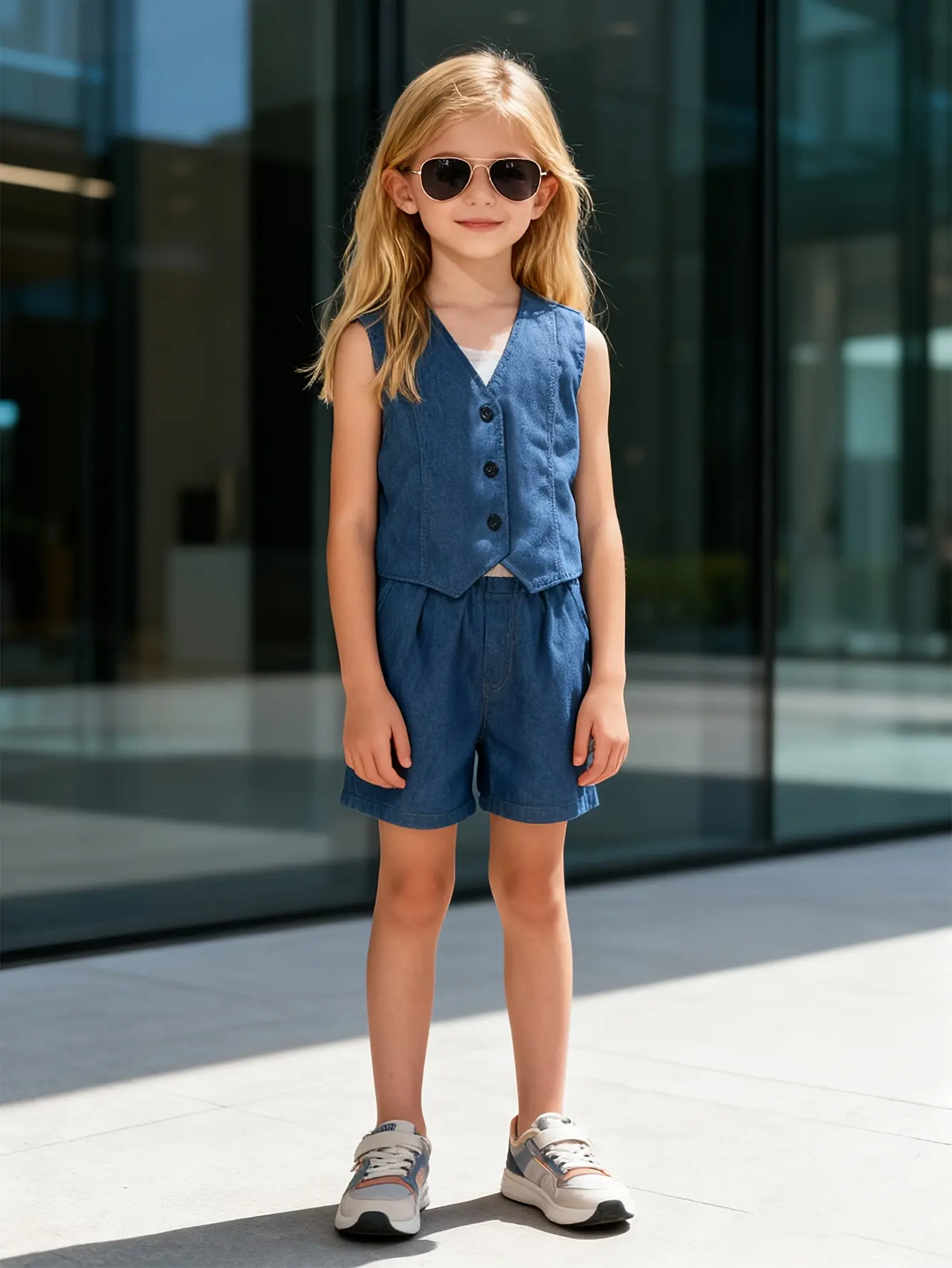 Detail view of Girls Denim Vest and Pocket Shorts Set by LUNORIANA