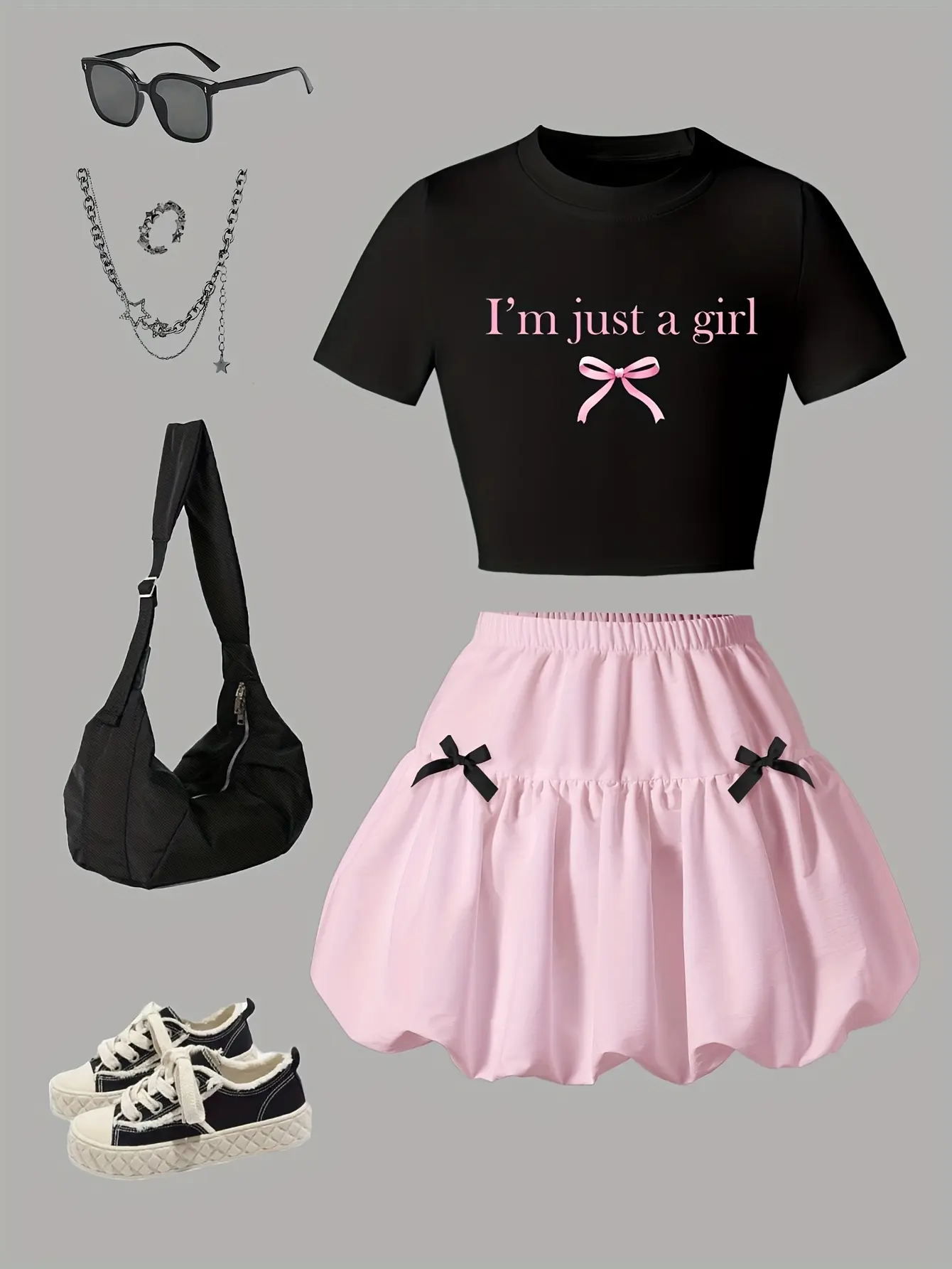 Detail 2 of Girls Bow Print Short Sleeve Top and Bubble Skirt Set by LUNORIANA