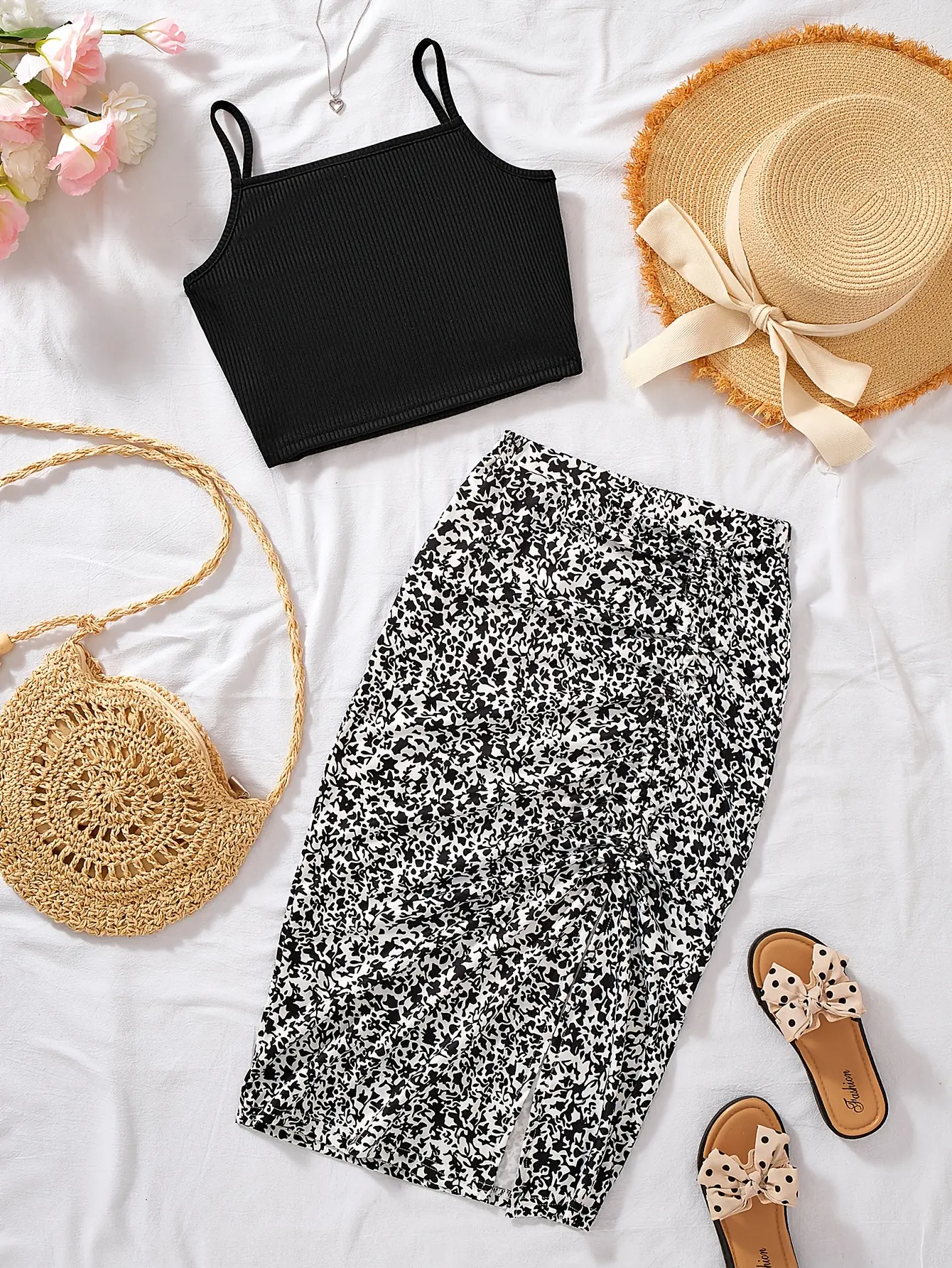 Detail view 2 of Girls Textured Cami Top and Floral Ruched Skirt Set by LUNORIANA