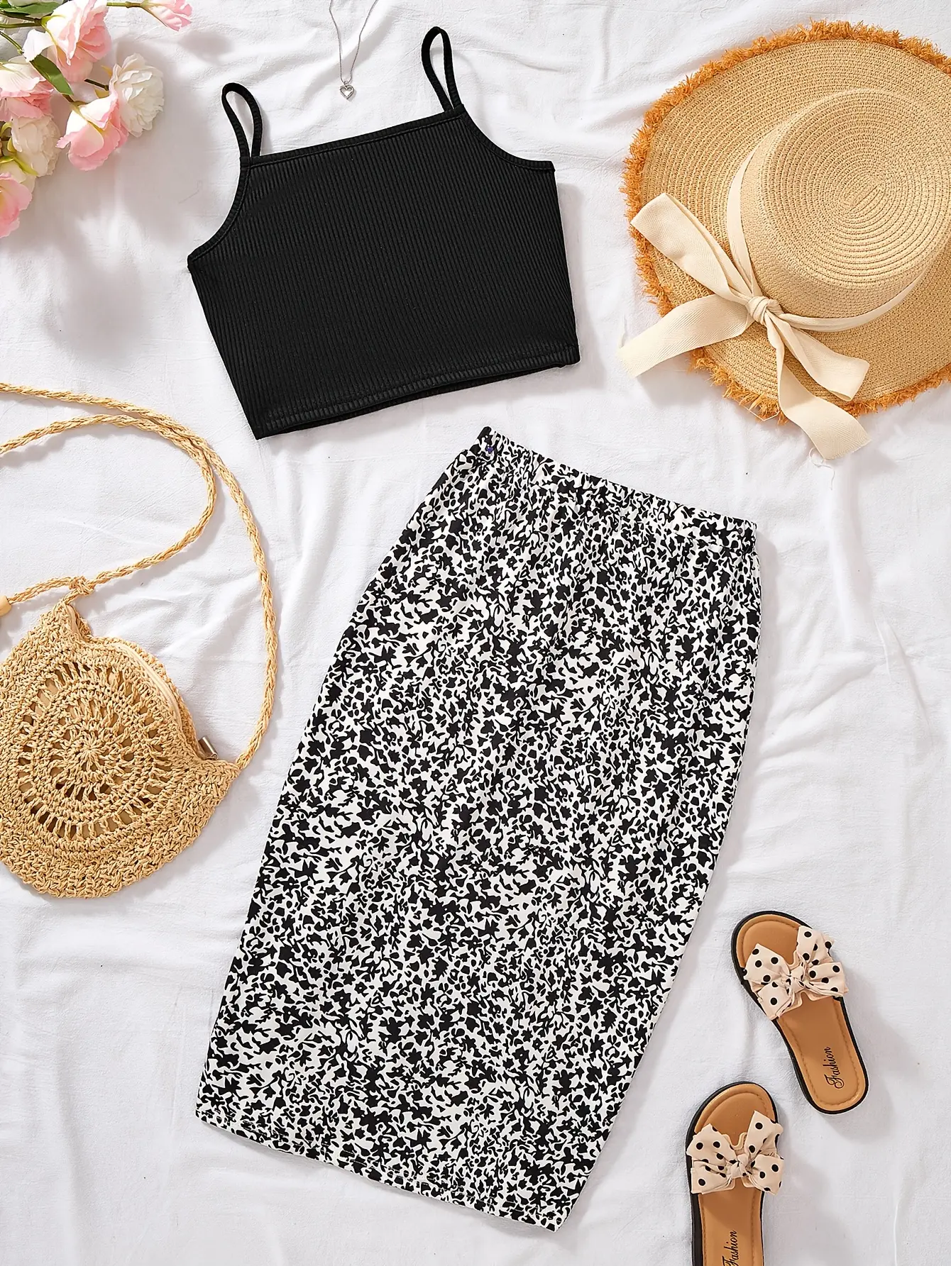 Detail view 1 of Girls Textured Cami Top and Floral Ruched Skirt Set by LUNORIANA