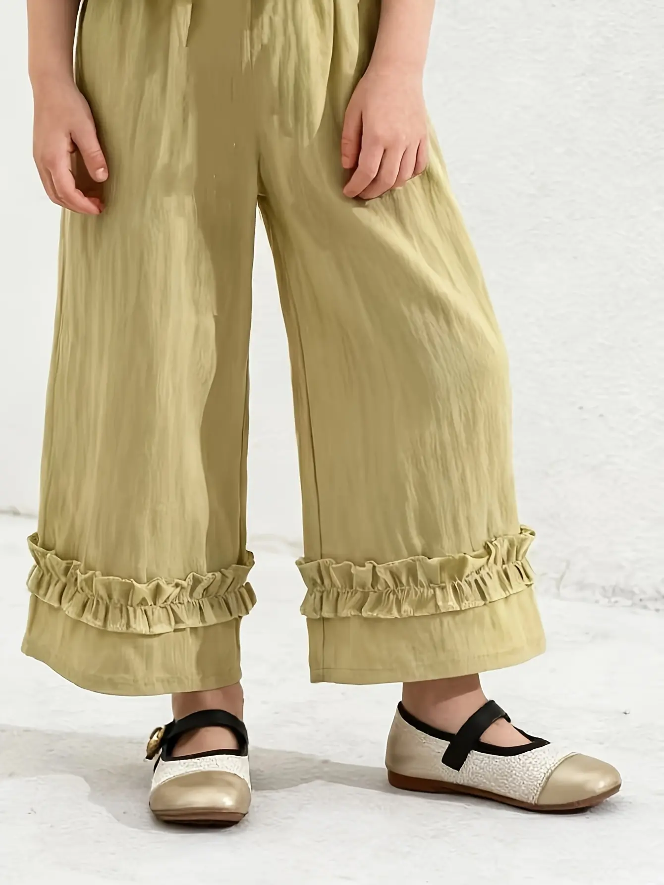 Detail view of Girls Contrast Ruffle Tank and Wide Leg Pants Set by LUNORIANA