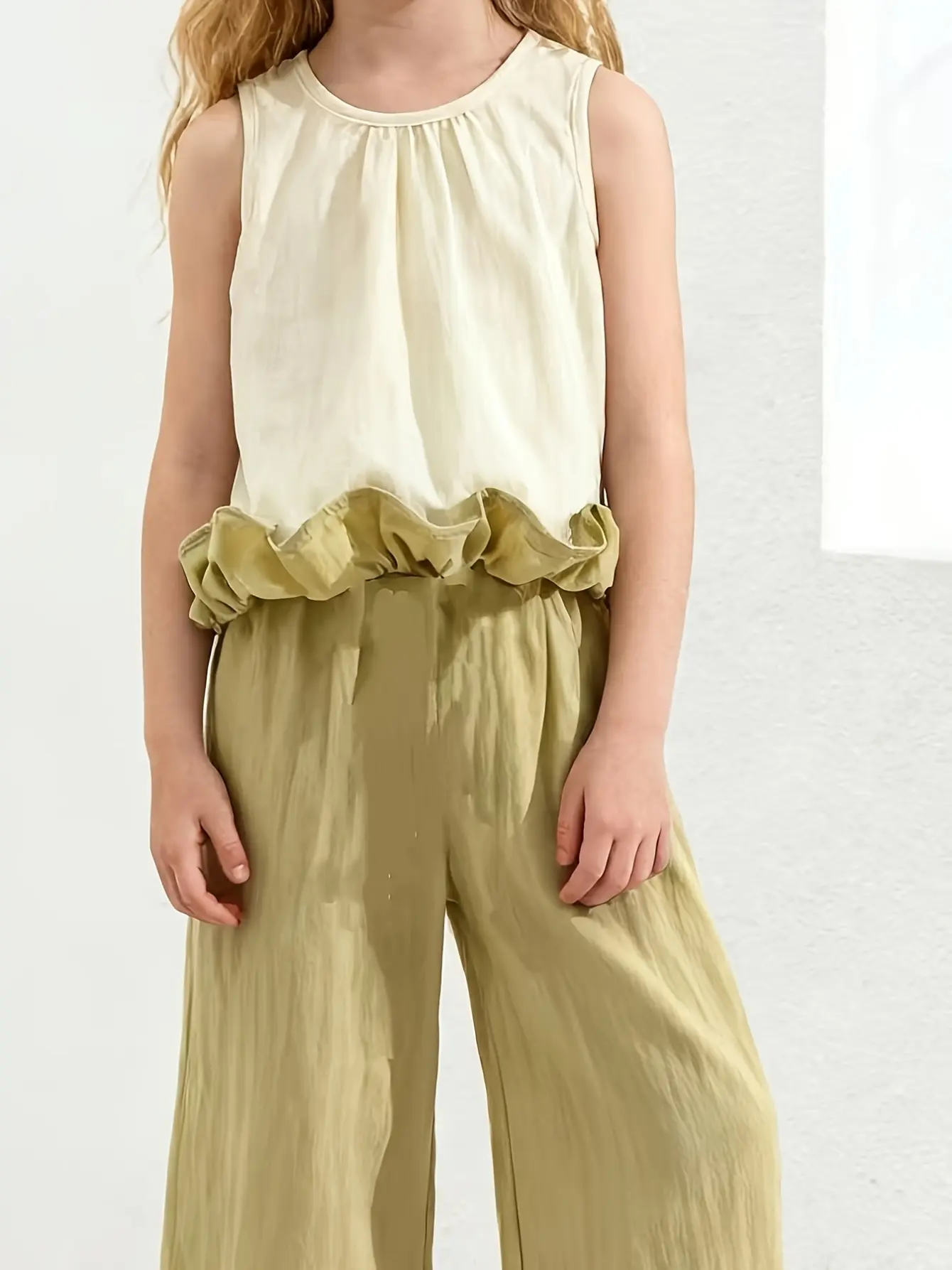 Detail view of Girls Contrast Ruffle Tank and Wide Leg Pants Set by LUNORIANA