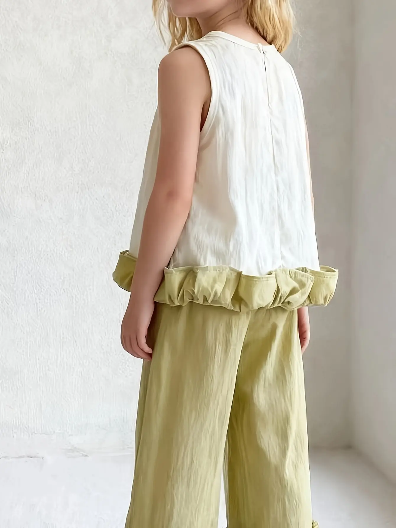Detail view of Girls Contrast Ruffle Tank and Wide Leg Pants Set by LUNORIANA