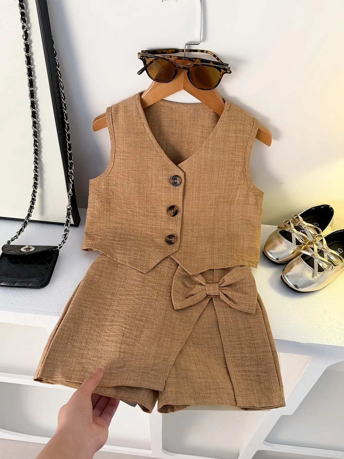 Detail 3 of Girls V-Neck Vest and Pleated Skort Set with Bow by LUNORIANA