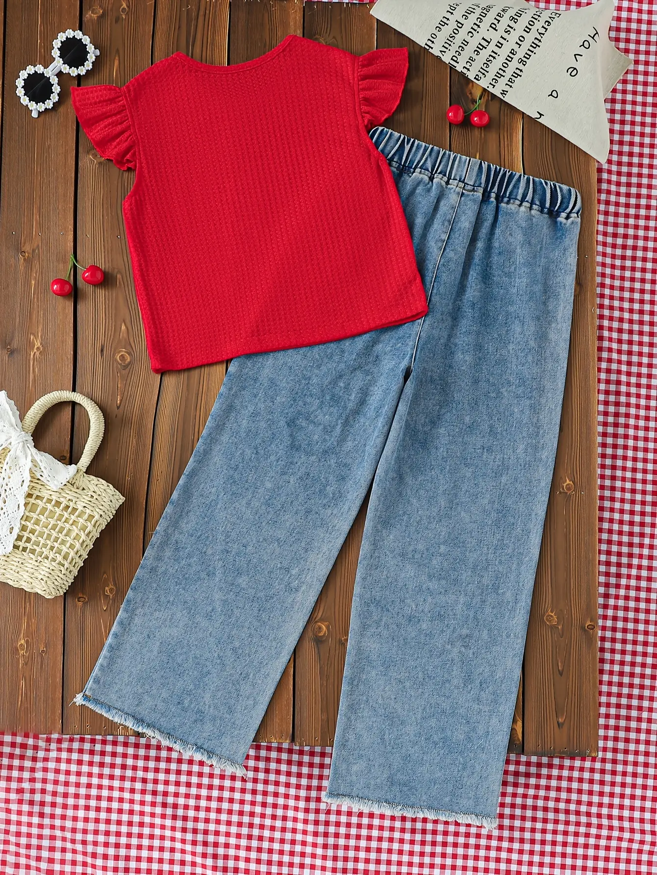 Detail 2 of Girls Ruffle Tank and Denim Wide Leg Pants Set by LUNORIANA