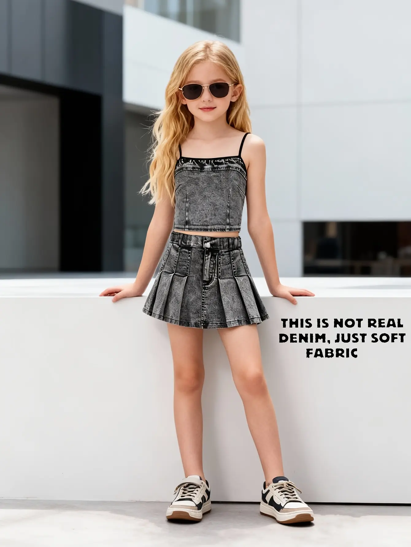 Detail 5 of Girls Faux Denim Cami Top and Printed Skirt Set by LUNORIANA