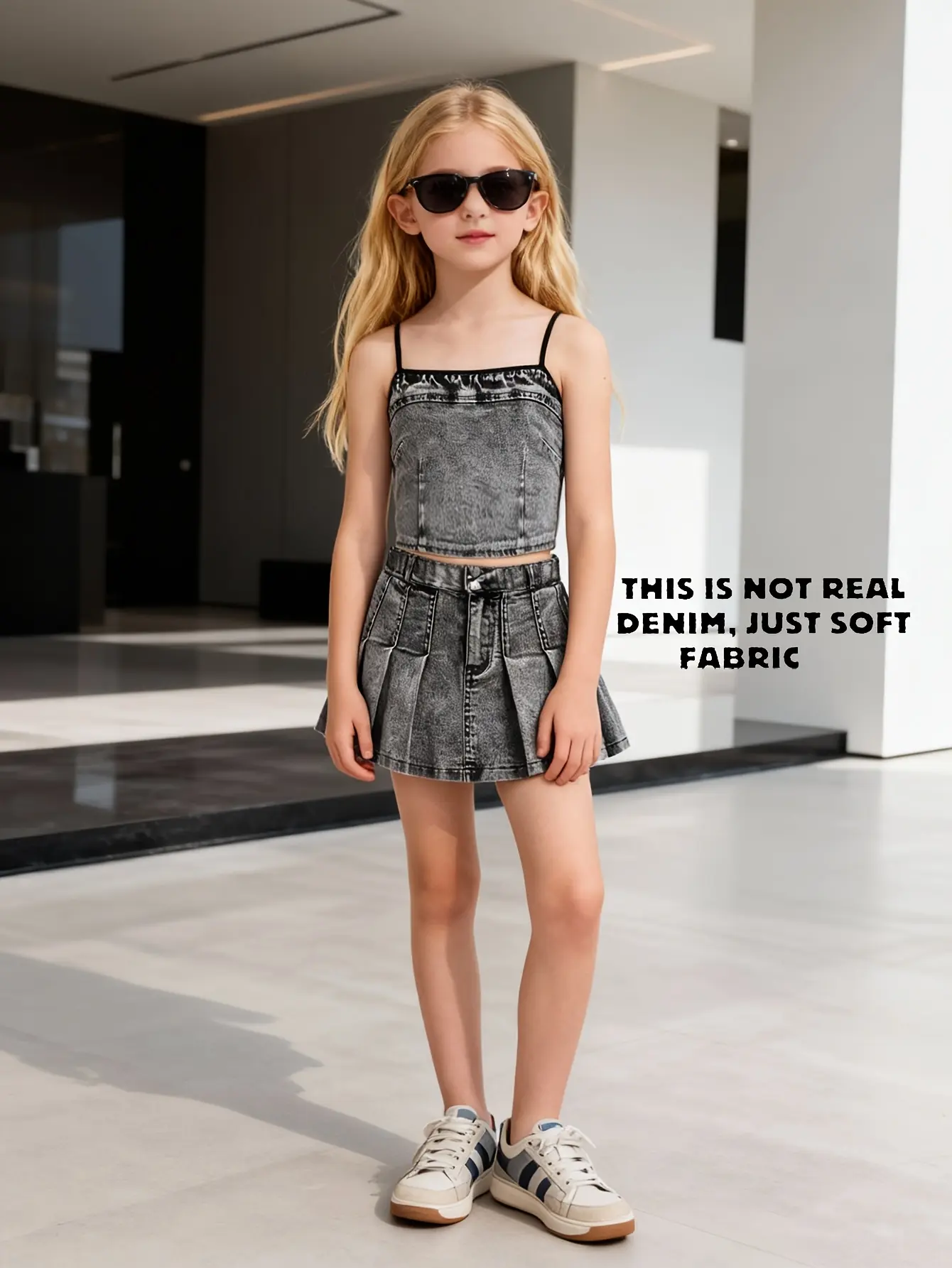 Detail 4 of Girls Faux Denim Cami Top and Printed Skirt Set by LUNORIANA