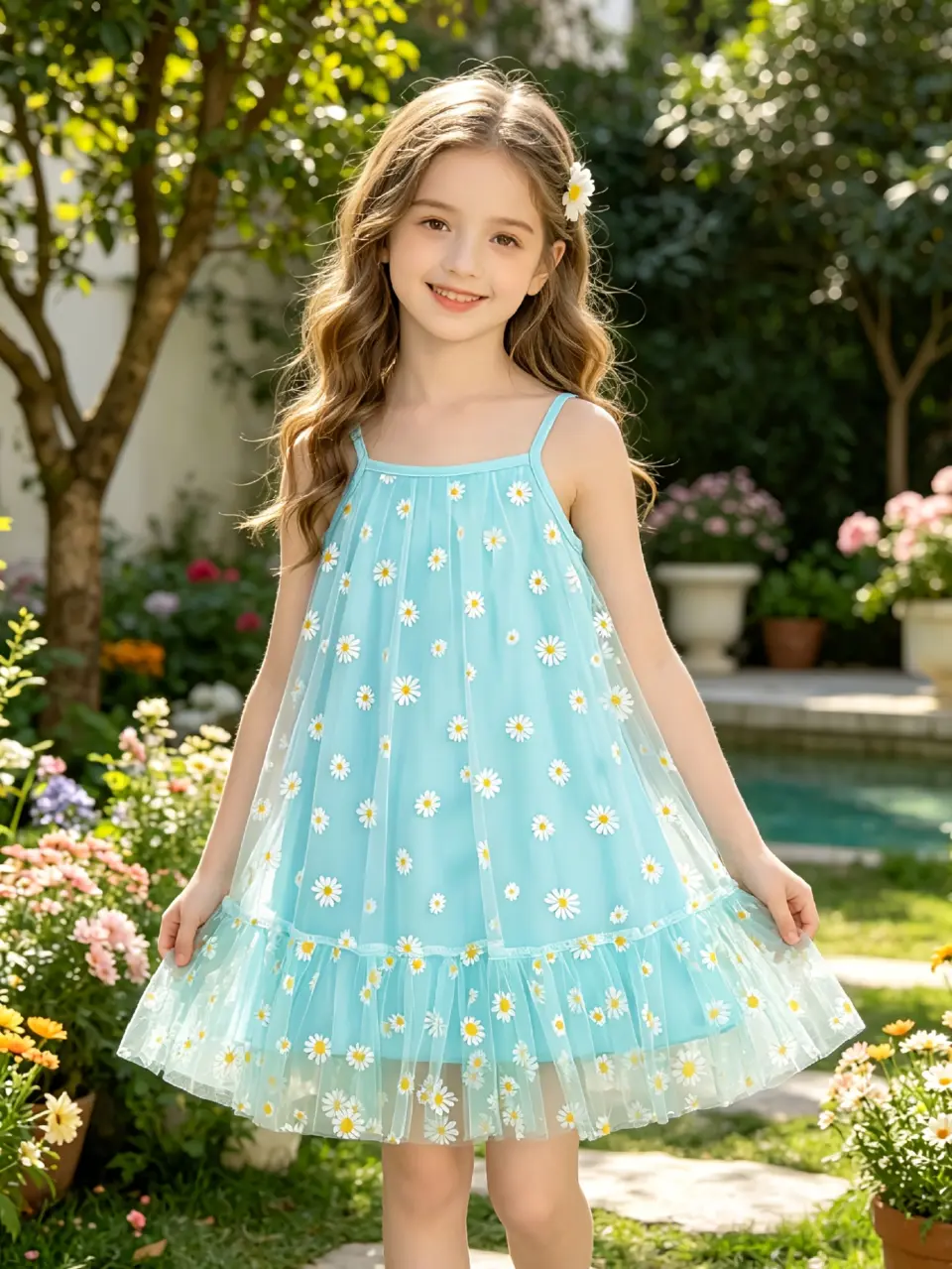 Girls Teal Daisy Mesh Sundress with Tulle Skirt by LUNORIANA