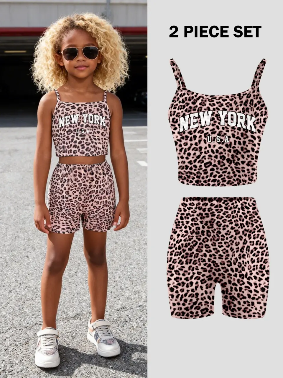 Girls Leopard Letter Cami and Biker Shorts Set by LUNORIANA