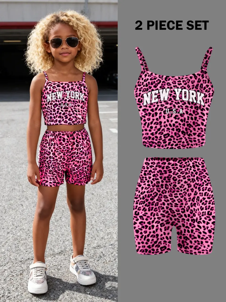 Girls Pink Leopard Cami and Biker Shorts Set by LUNORIANA