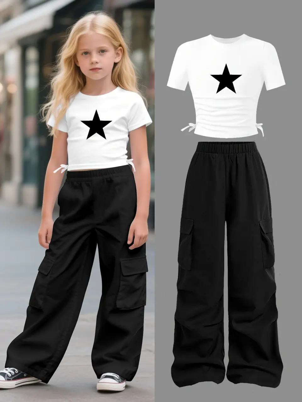 Girls Y2K Waist T-Shirt and Cargo Pants Set by LUNORIANA