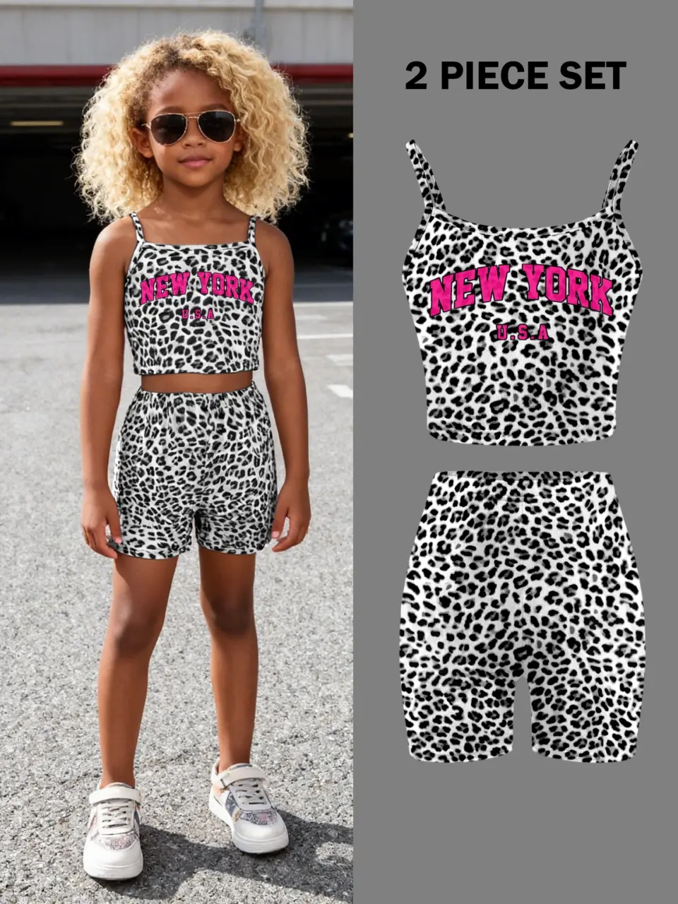 Girls White Leopard Cami and Biker Shorts Set by LUNORIANA